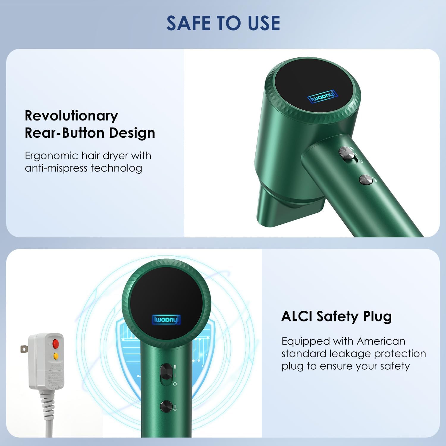 Professional Hair Dryer - 150000 RPM High-Speed, Negative Ionic for Fast Drying and Hair Care. Low Noise, 4 Temps/2 Speeds, Lightweight with Magnetic Nozzle. (Green) - Image 6