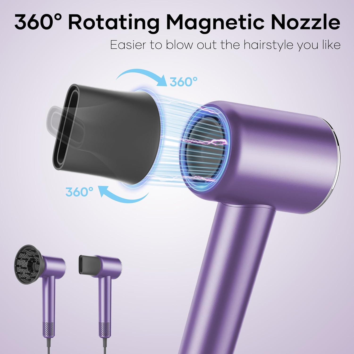 Professional Hair Dryer, 200 Million Negative Ionic Blow Dryer with 110000 RPM Brushless Motor, 1500W High-Speed HairDryer with Magnetic Nozzle & Diffuser for Salon, Home, Travel (Elegant Purple) - Image 2