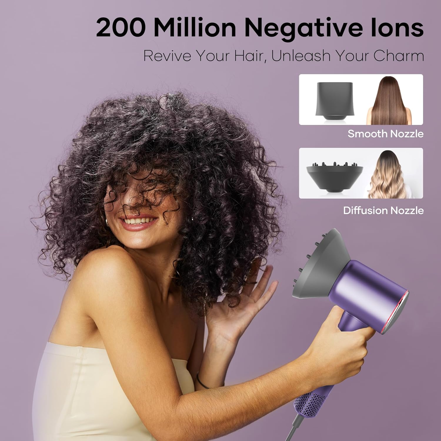 Professional Hair Dryer, 200 Million Negative Ionic Blow Dryer with 110000 RPM Brushless Motor, 1500W High-Speed HairDryer with Magnetic Nozzle & Diffuser for Salon, Home, Travel (Elegant Purple) - Image 4