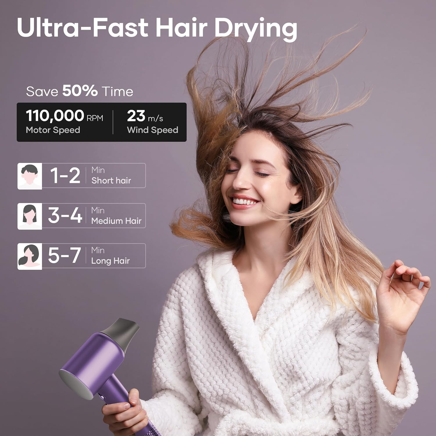Professional Hair Dryer, 200 Million Negative Ionic Blow Dryer with 110000 RPM Brushless Motor, 1500W High-Speed HairDryer with Magnetic Nozzle & Diffuser for Salon, Home, Travel (Elegant Purple) - Image 7