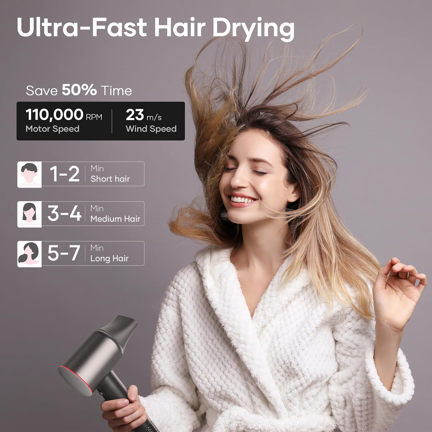 Professional Hair Dryer, 200 Million Negative Ionic Blow Dryer with 110000 RPM Brushless Motor, 1500W High-Speed HairDryer with Magnetic Nozzle & Diffuser for Salon, Home, Travel (Wisdom Gray) - Image 3