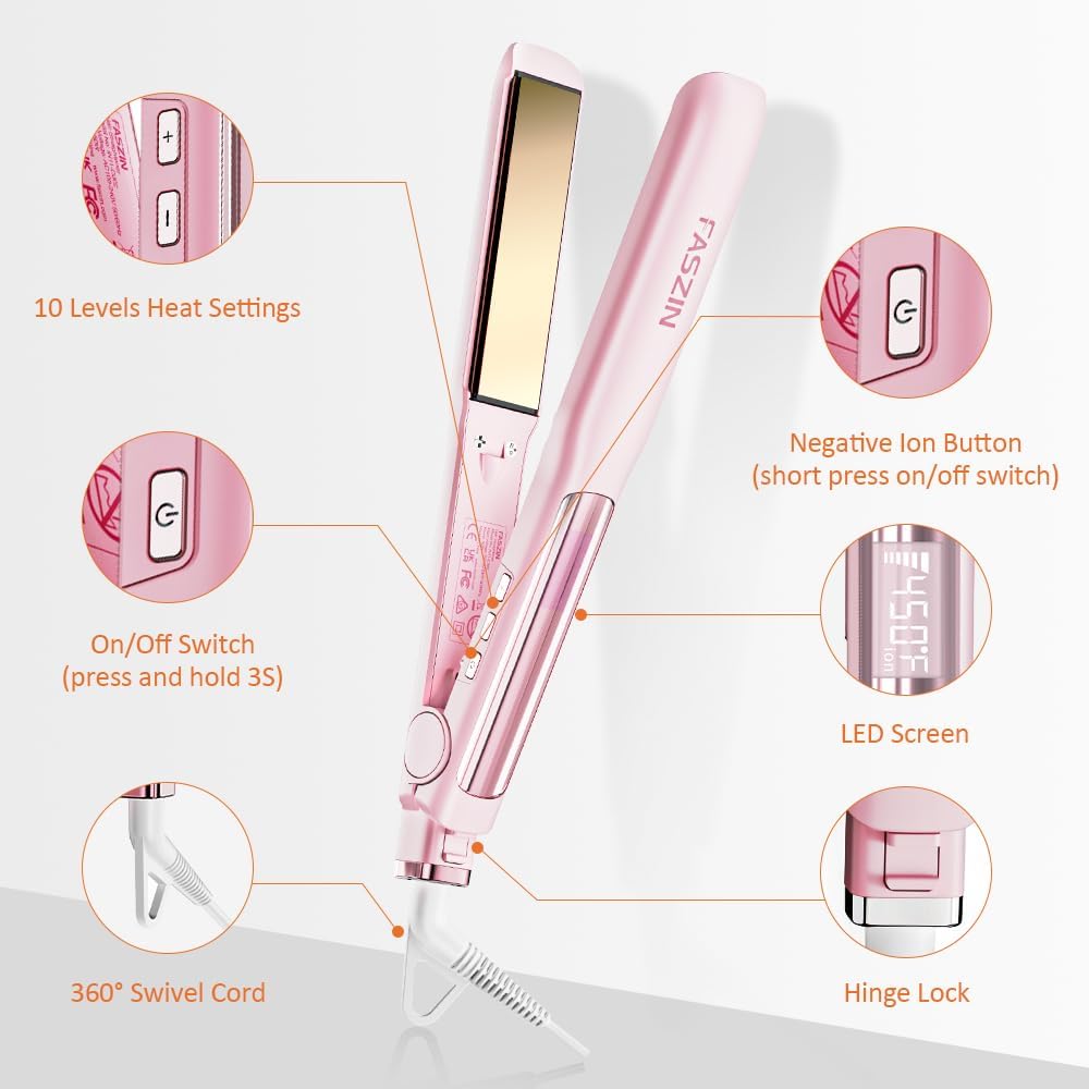 Pink Professional Ionic Titanium Hair Straightener 1.18 Inch LED Display 2-in-1 Curler Tool - Image 7