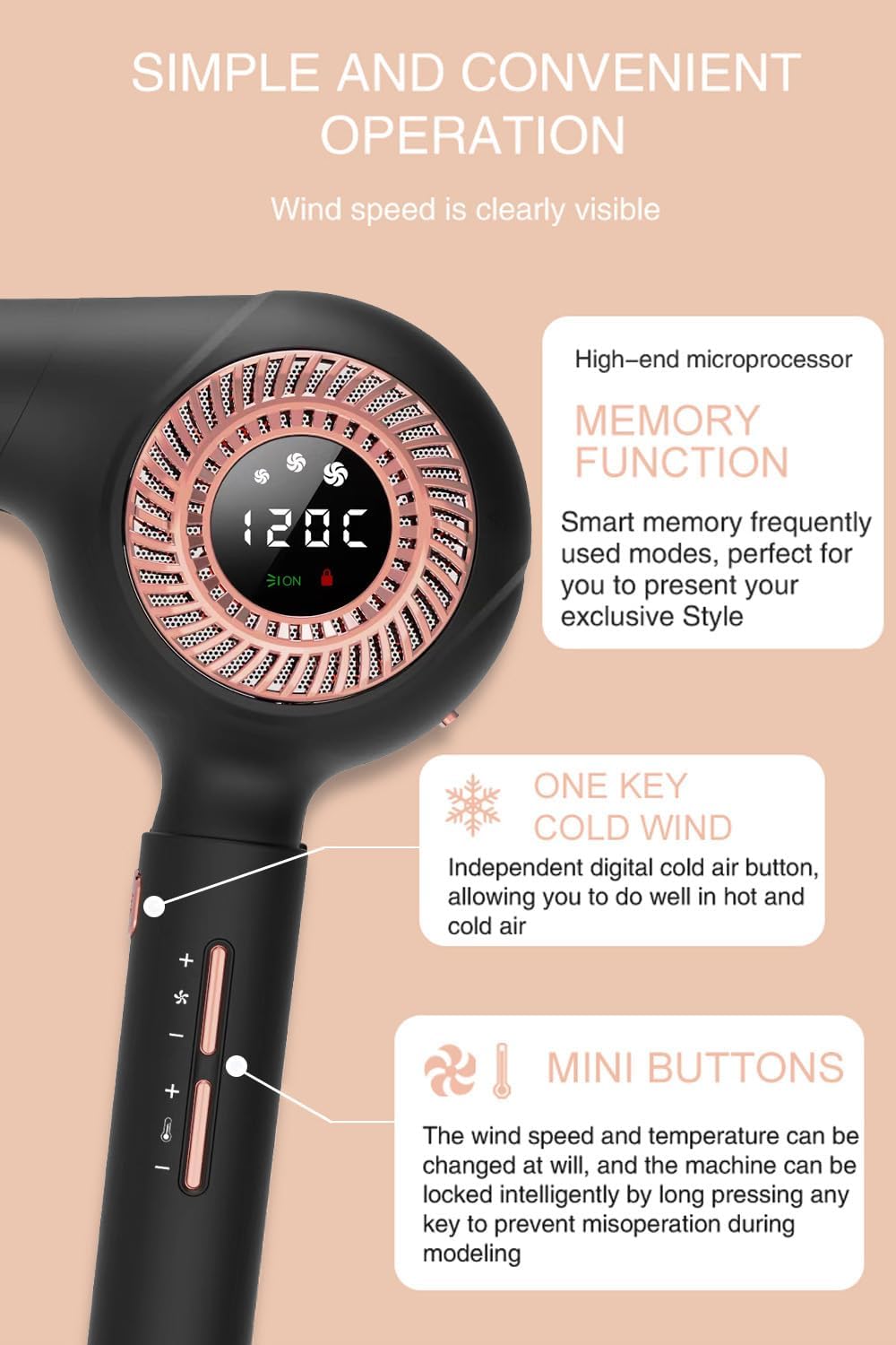 Professional High-Speed Hair Dryer - Classic Upgrade with Modern Technology and LED Display for Hairstylists (Black) - Image 8