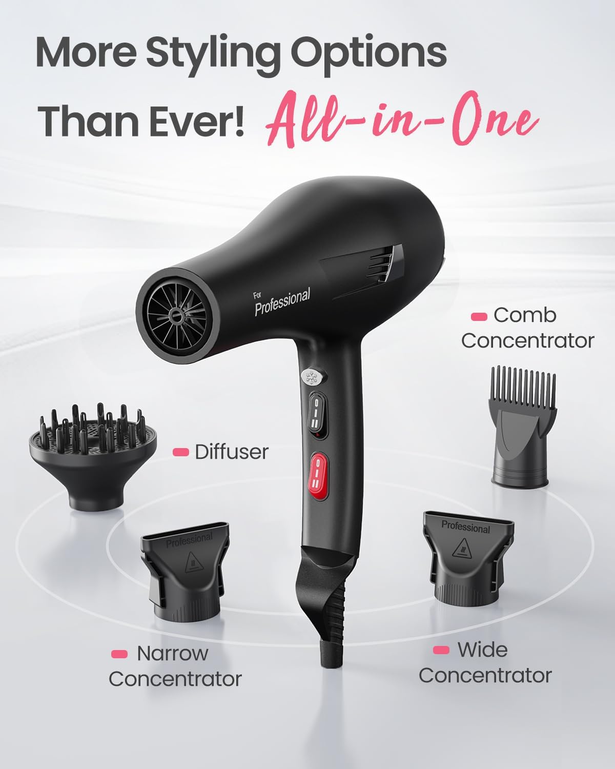 Professional Ionic Hair Dryer AC Motor Fast Drying Salon Blow Dryer with Diffuser, Comb, Nozzle, Concentrator, for Curly and Straight Hair, 2 Speed & 3 Heat Setting, Cool Button, Black - Image 7
