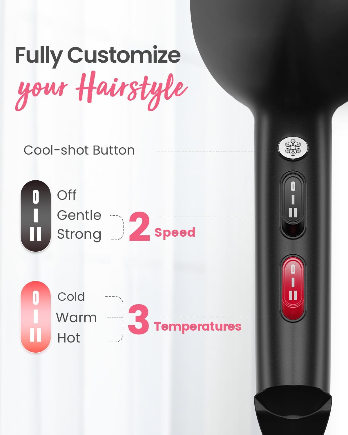 Professional Ionic Hair Dryer AC Motor Fast Drying Salon Blow Dryer with Diffuser, Comb, Nozzle, Concentrator, for Curly and Straight Hair, 2 Speed & 3 Heat Setting, Cool Button, Black - Image 6