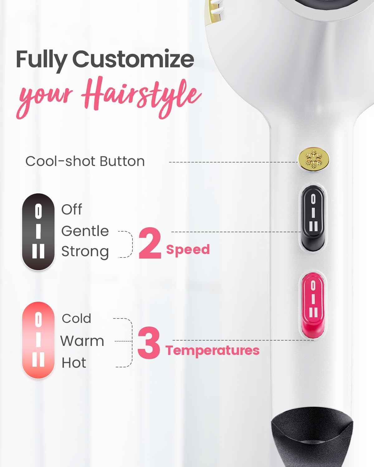 Professional Ionic Hair Dryer AC Motor Fast Drying Salon Blow Dryer with Diffuser, Comb, Nozzle, Concentrator, for Curly and Straight Hair, 2 Speed & 3 Heat Setting, Cool Button, White - Image 6
