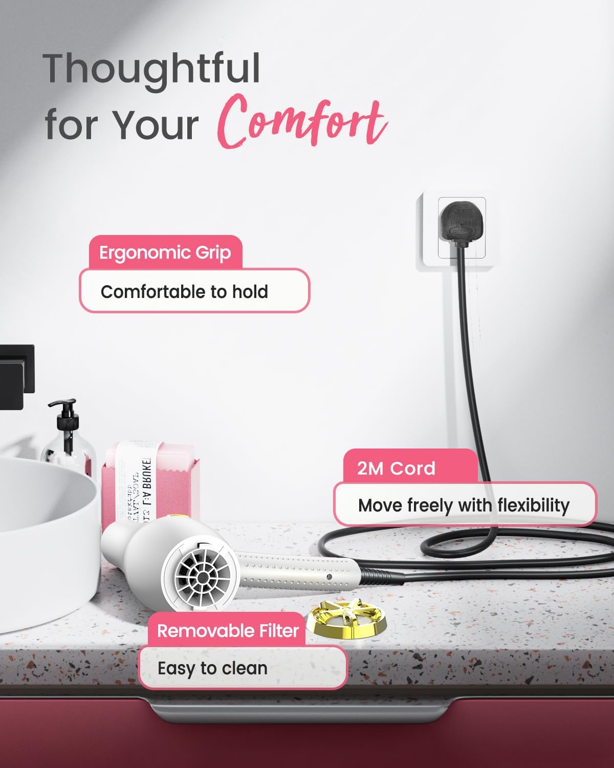 Professional Ionic Hair Dryer AC Motor Fast Drying Salon Blow Dryer with Diffuser, Comb, Nozzle, Concentrator, for Curly and Straight Hair, 2 Speed & 3 Heat Setting, Cool Button, White - Image 8
