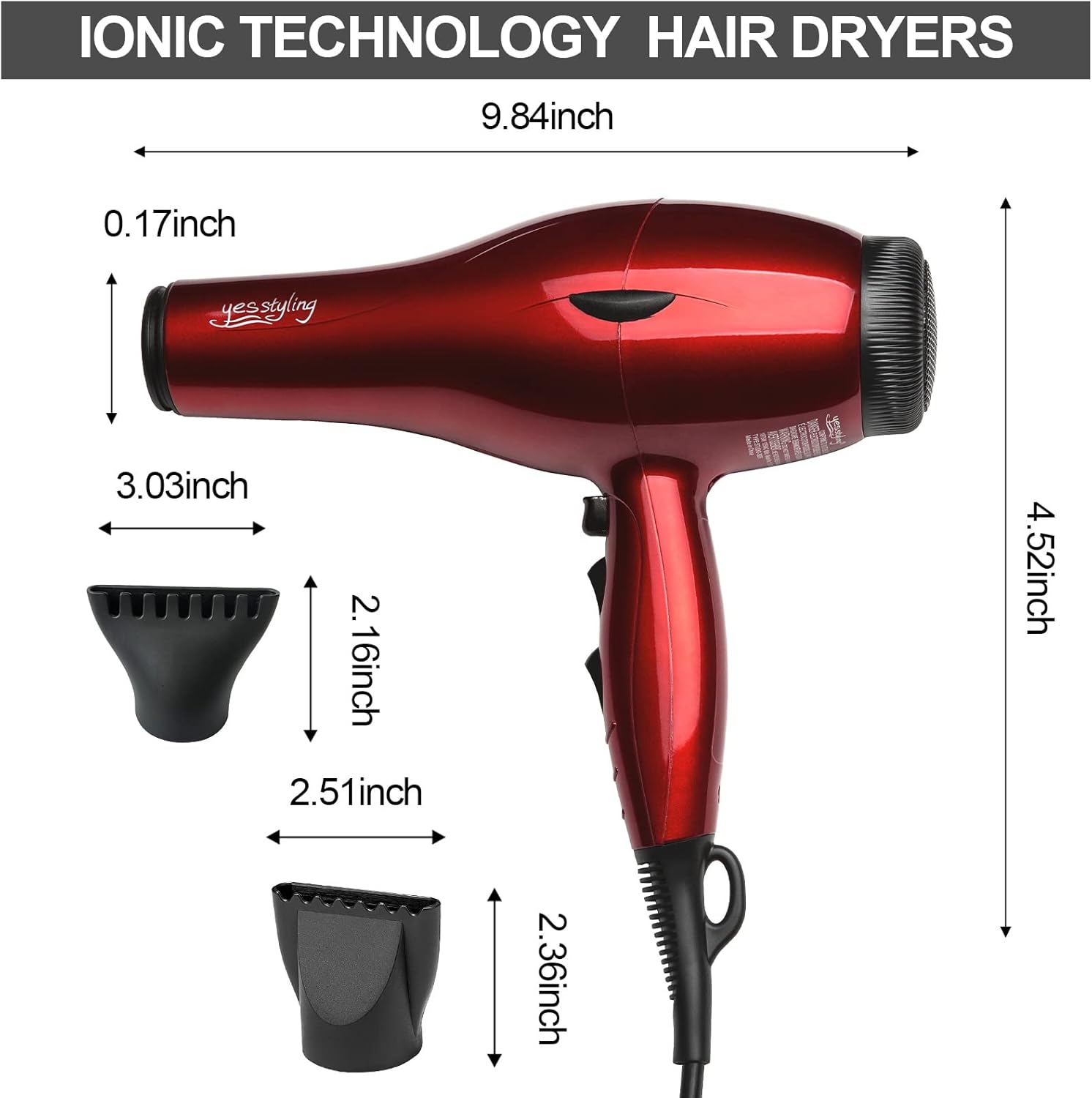Professional Salon Hair Dryer, 1875W Blow Dryer, 2 Concentrator Nozzles, 3 Heat Settings, 2 Speed Slide Switch, Cool Shot Button, Fast Drying for Family, Low Noise (Cola Red) - Image 2
