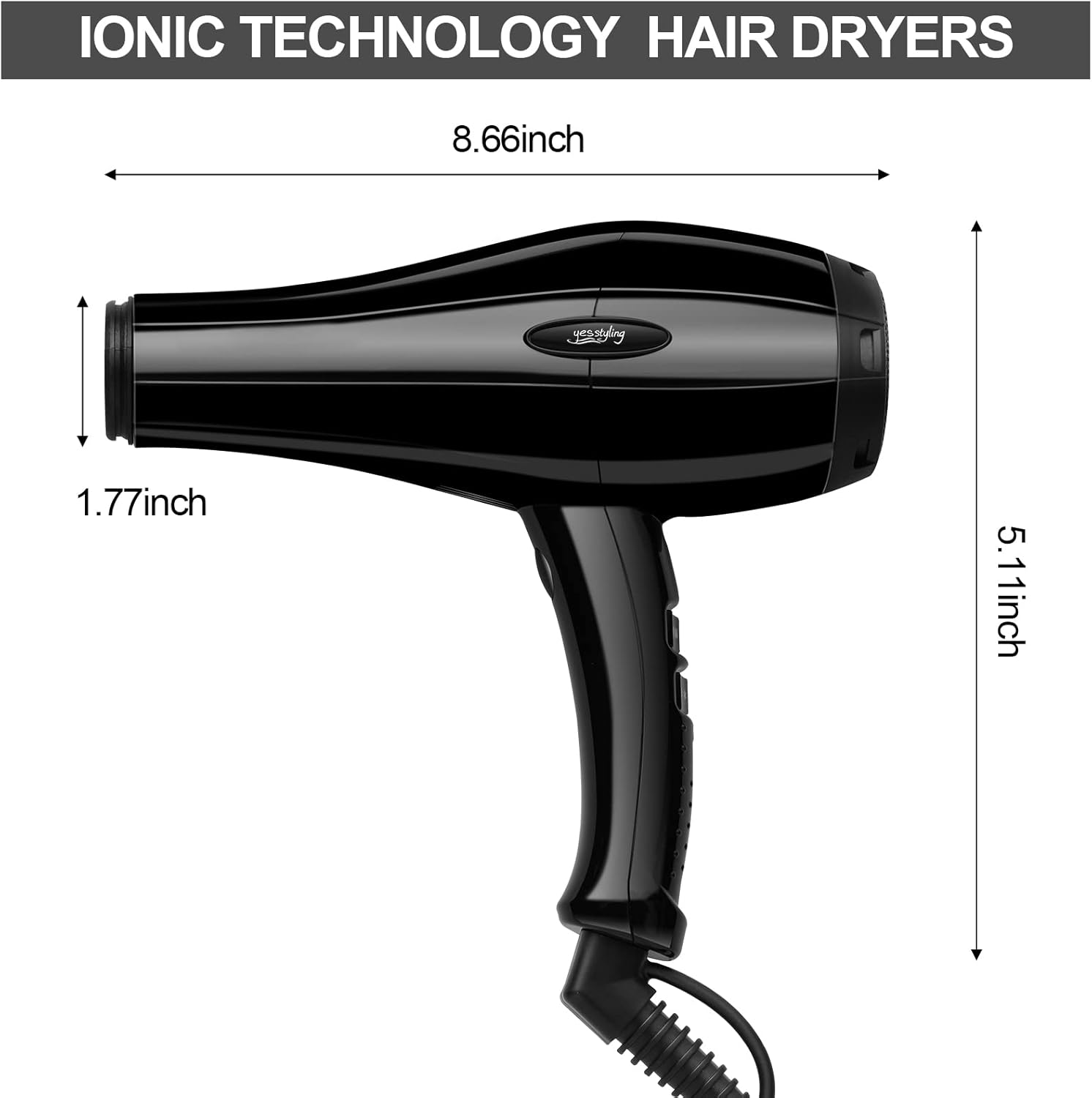 Professional Salon Hair Dryer, Blow Dryer Active Oxygen Negative ions Dryer with Attachments for Fast Drying for Family, Low Noise (Mirror Black, 2 Accessories) - Image 2