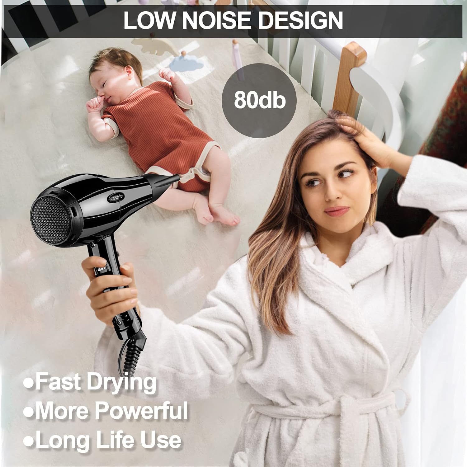 Professional Salon Hair Dryer, Blow Dryer Active Oxygen Negative ions Dryer with Attachments for Fast Drying for Family, Low Noise (Mirror Black, 2 Accessories) - Image 8
