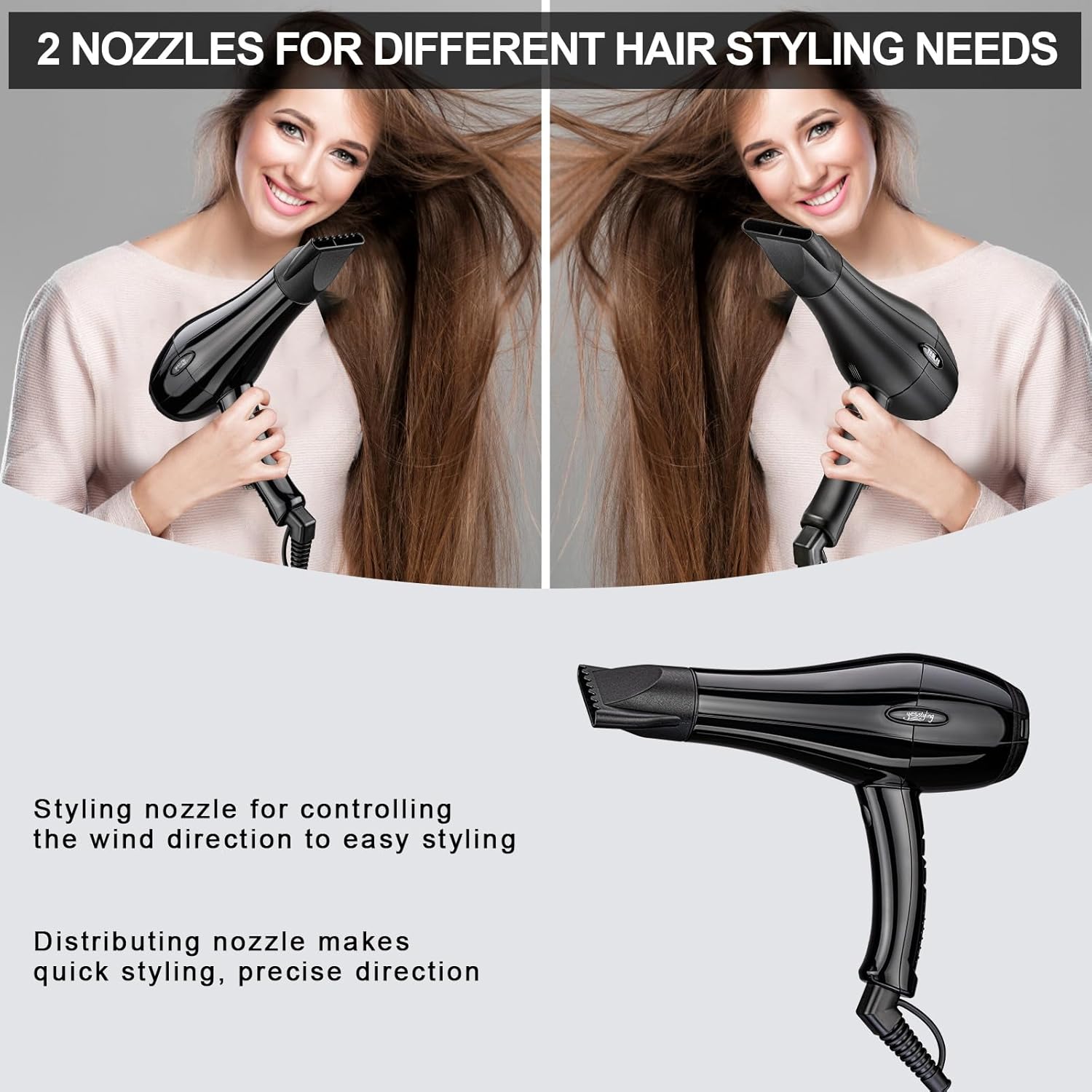 Professional Salon Hair Dryer, Blow Dryer Active Oxygen Negative ions Dryer with Attachments for Fast Drying for Family, Low Noise (Mirror Black, 2 Accessories) - Image 6