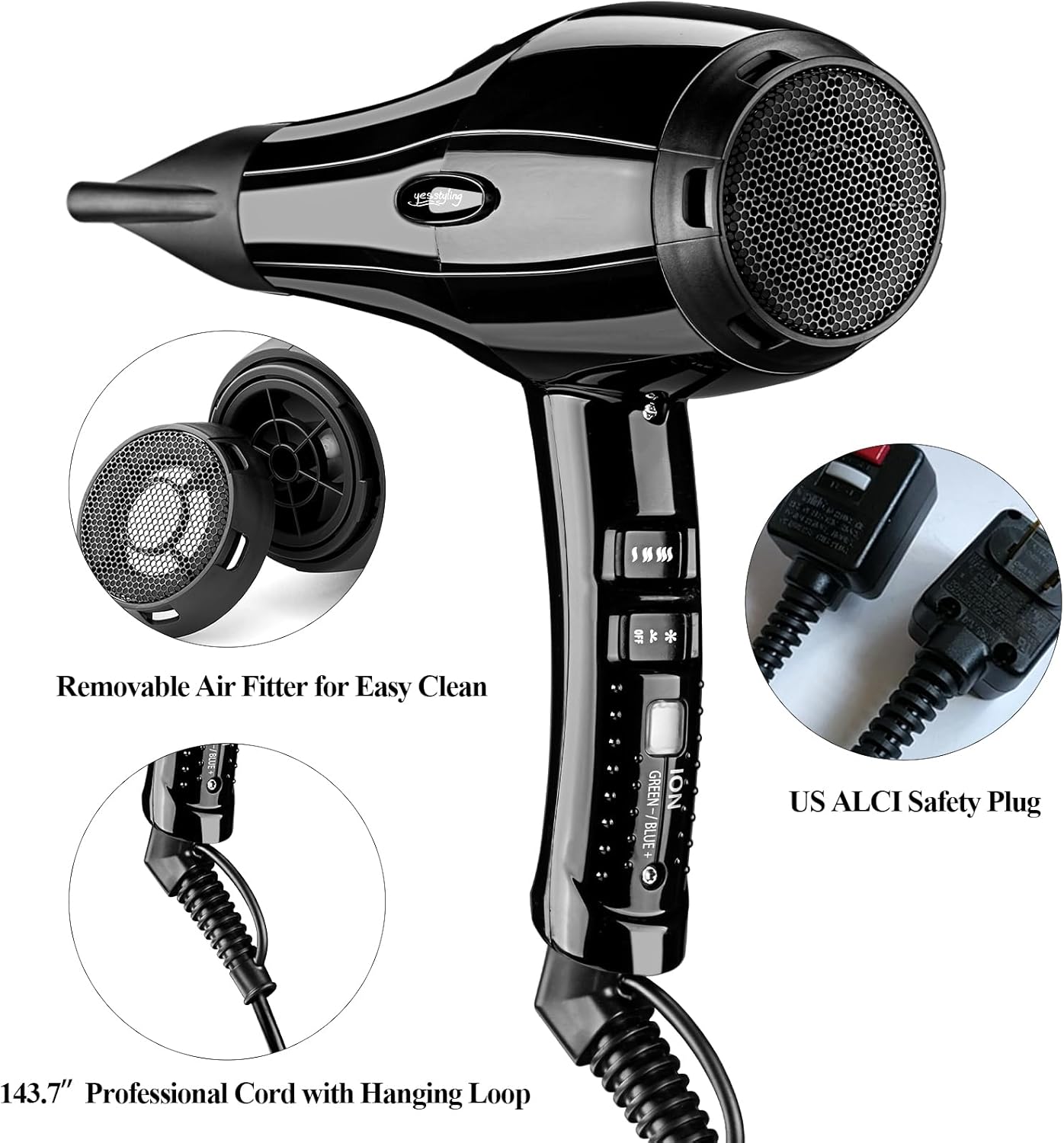 Professional Salon Hair Dryer, Blow Dryer Active Oxygen Negative ions Dryer with Attachments for Fast Drying for Family, Low Noise (Mirror Black, 2 Accessories) - Image 5