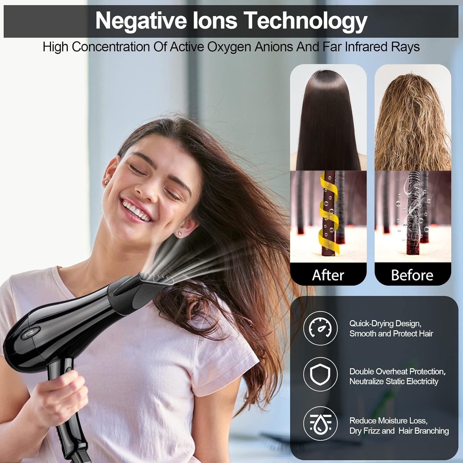Professional Salon Hair Dryer, Blow Dryer Active Oxygen Negative ions Dryer with Attachments for Fast Drying for Family, Low Noise (Mirror Black, 2 Accessories) - Image 4
