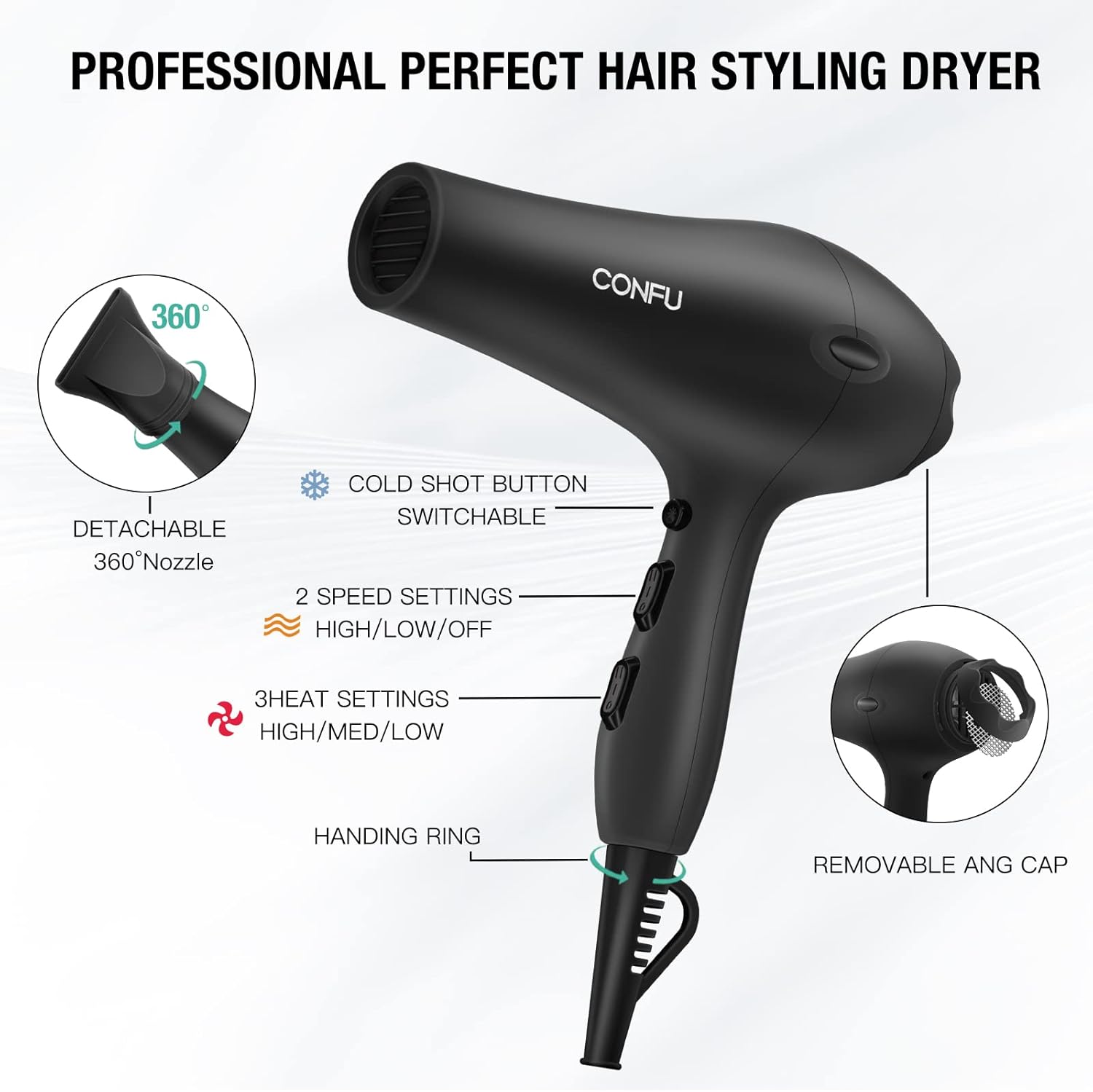 Professional Salon Hair Dryer, CONFU Negative Ions Ceramic Quick Drying Blow Dryer, Lightweight Travel Hairdryer for Normal & Curly Hair Includes Diffuser Styling Nozzle - Image 2