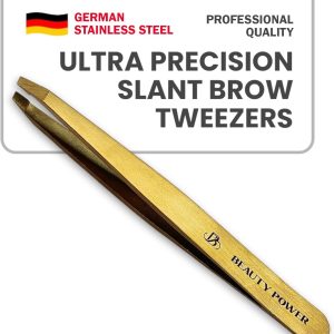 Professional Tweezers - Slant, Durable Lightweight German Stainless Steel, Ultra Precision Tweezers for Eyebrows, Facial Hair, Chin, and Ingrown Hair Removal - Gift (Matte Gold)