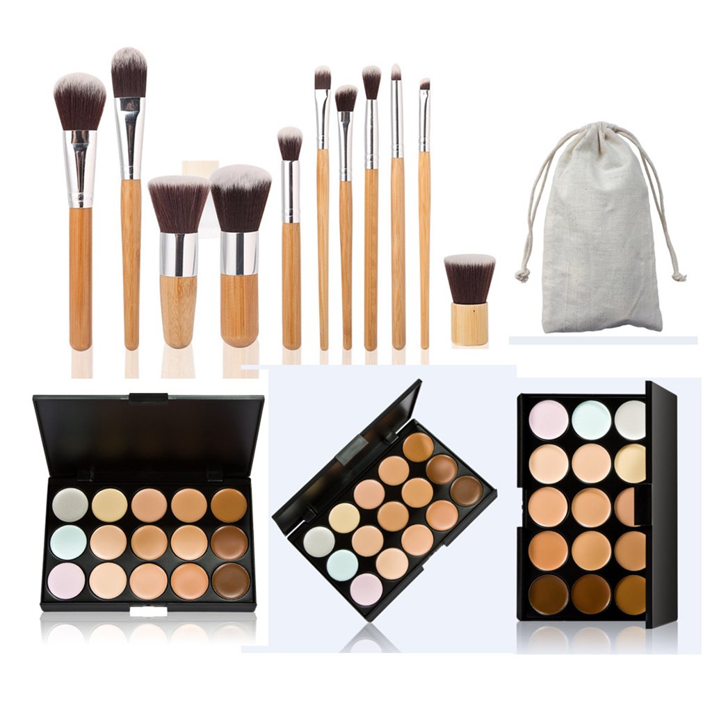 Pure Vie 15 Colors Cosmetics Cream Contour and Highlighting Makeup Kit, Color Correcting Cream Concealer Camouflage Makeup Palette + 11 Pcs Foundation Powder Concealer Eye Shadows Makeup Brushs