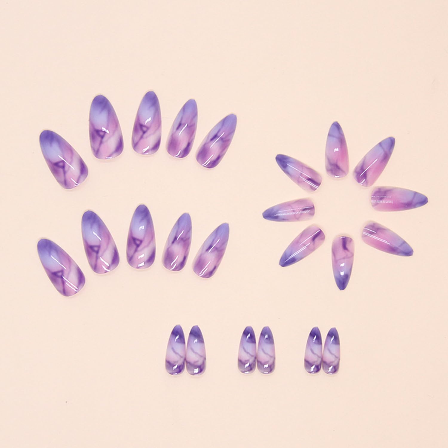 Purple Gradient Press on Nails Long Oval Fake Nails Glossy Almond Glue on Nails Reusable Acrylic Stick on Nails for Women DIY Manicure Decoration - Image 2