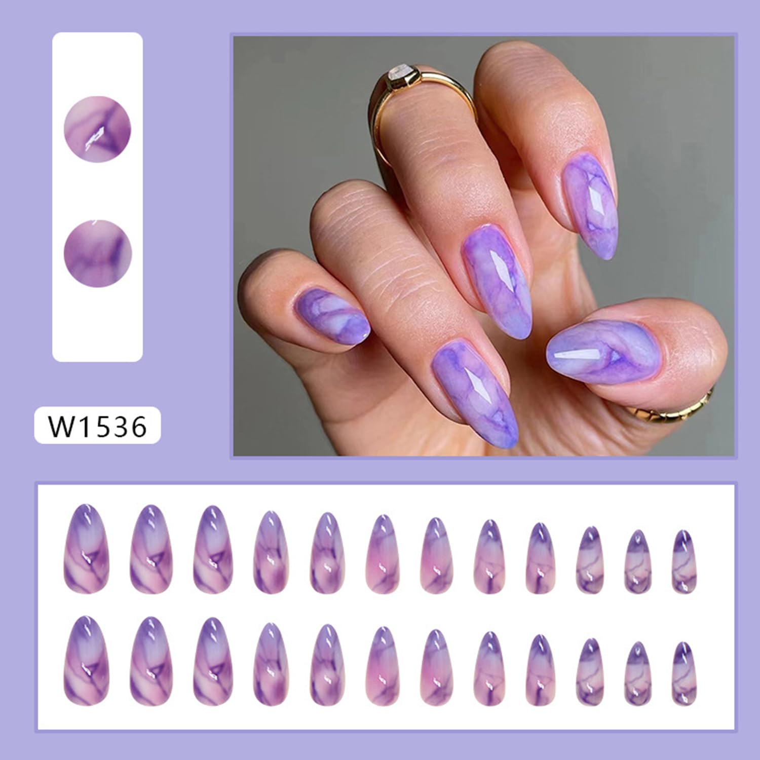 Purple Gradient Press on Nails Long Oval Fake Nails Glossy Almond Glue on Nails Reusable Acrylic Stick on Nails for Women DIY Manicure Decoration - Image 3