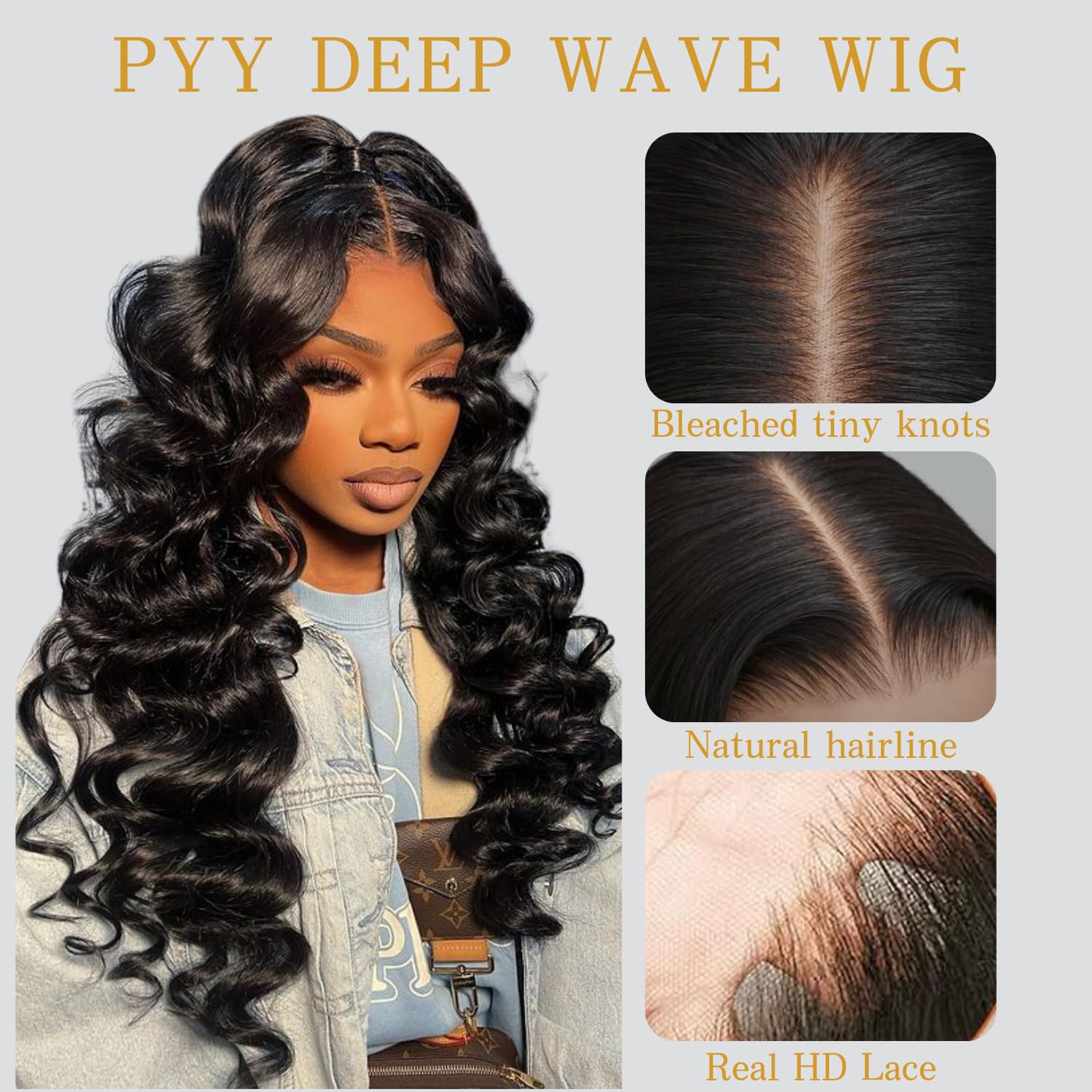 PYY Deep Wave Lace Front Wigs Human Hair 200 Density 13x4 HD Lace Frontal Wig for Women Glueless Pre Plucked with Baby Hair (22 Inch, 200 Density Deep Wave Wigs) - Image 2