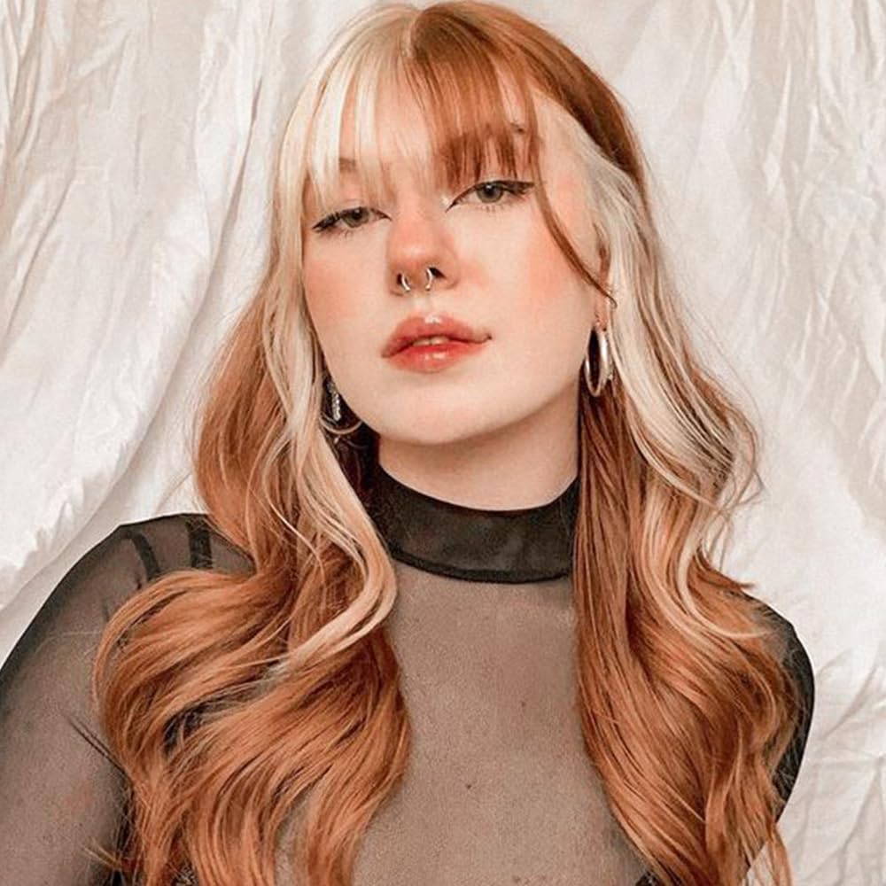 QD-Tizer Blonde and Copper Split Synthetic Hair Wig with Bangs Two Tone Hair Color Copper hair blonde highlights Long Wavy Curly Synthetic Wigs for Women Cosplay Party Wig Halloween Wigs - Image 6
