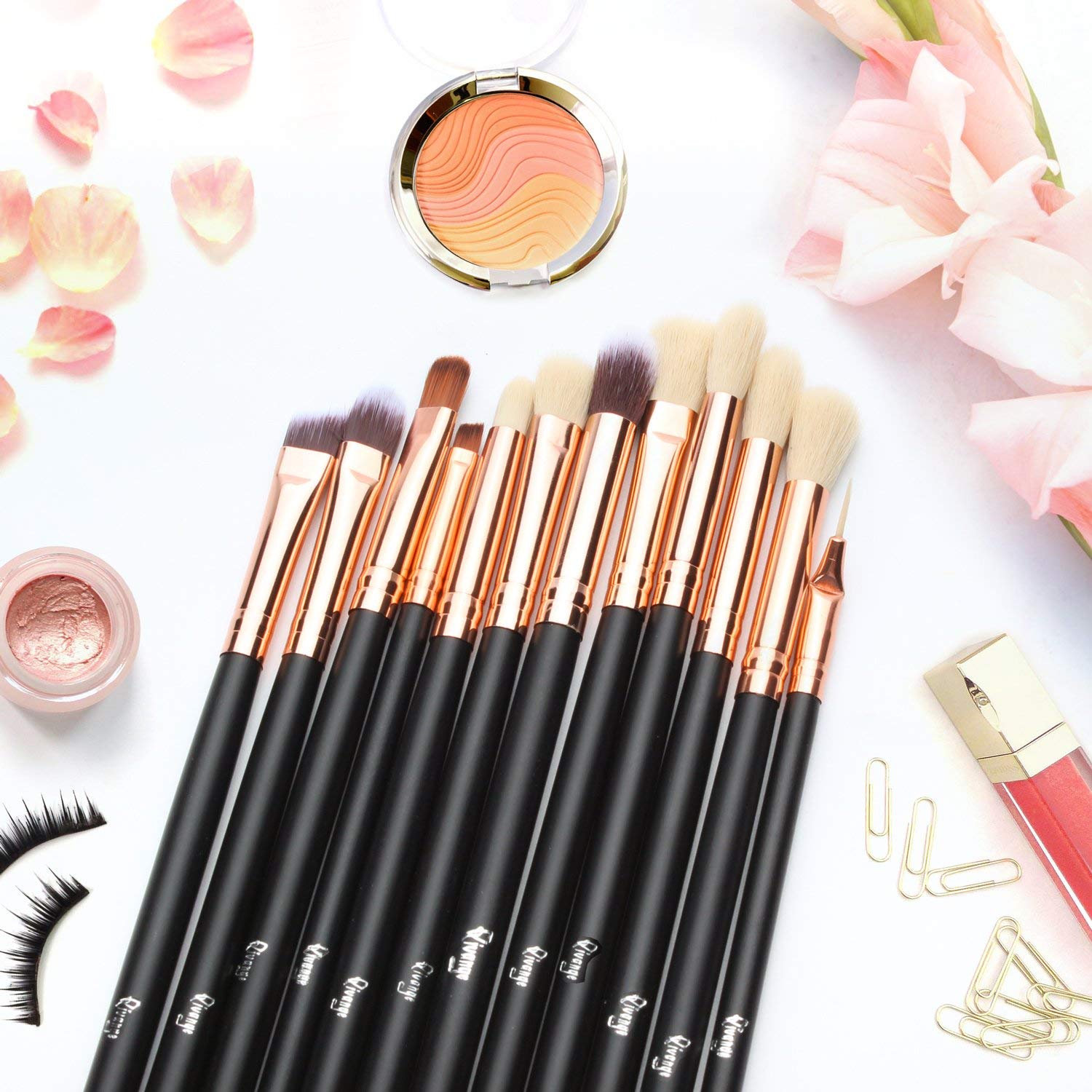 Qivange Synthetic Hairs Eyeshadow Brush Set 12PCS Black Rose Gold Makeup Brush Set for Concealer Eyebrow Eyeliner Eye Shadow Blending - Image 6