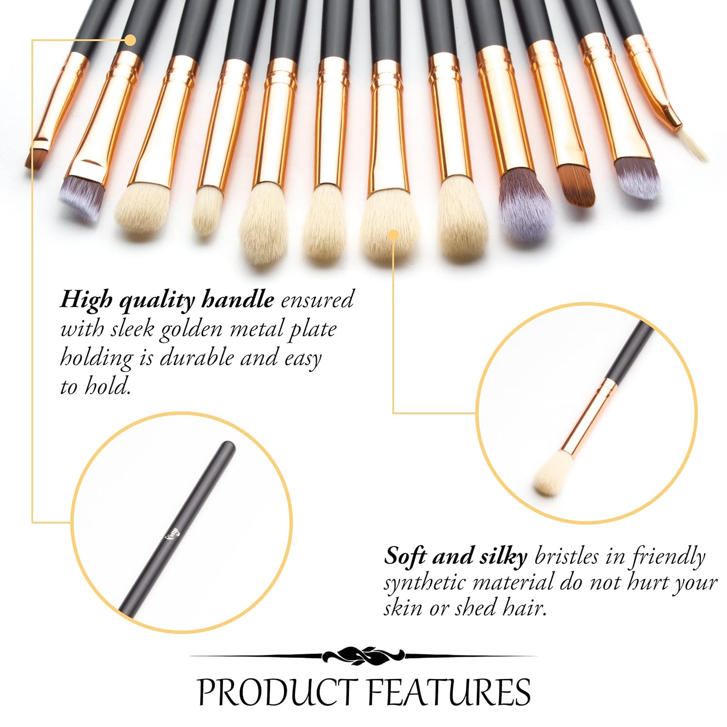 Qivange Synthetic Hairs Eyeshadow Brush Set 12PCS Black Rose Gold Makeup Brush Set for Concealer Eyebrow Eyeliner Eye Shadow Blending - Image 3