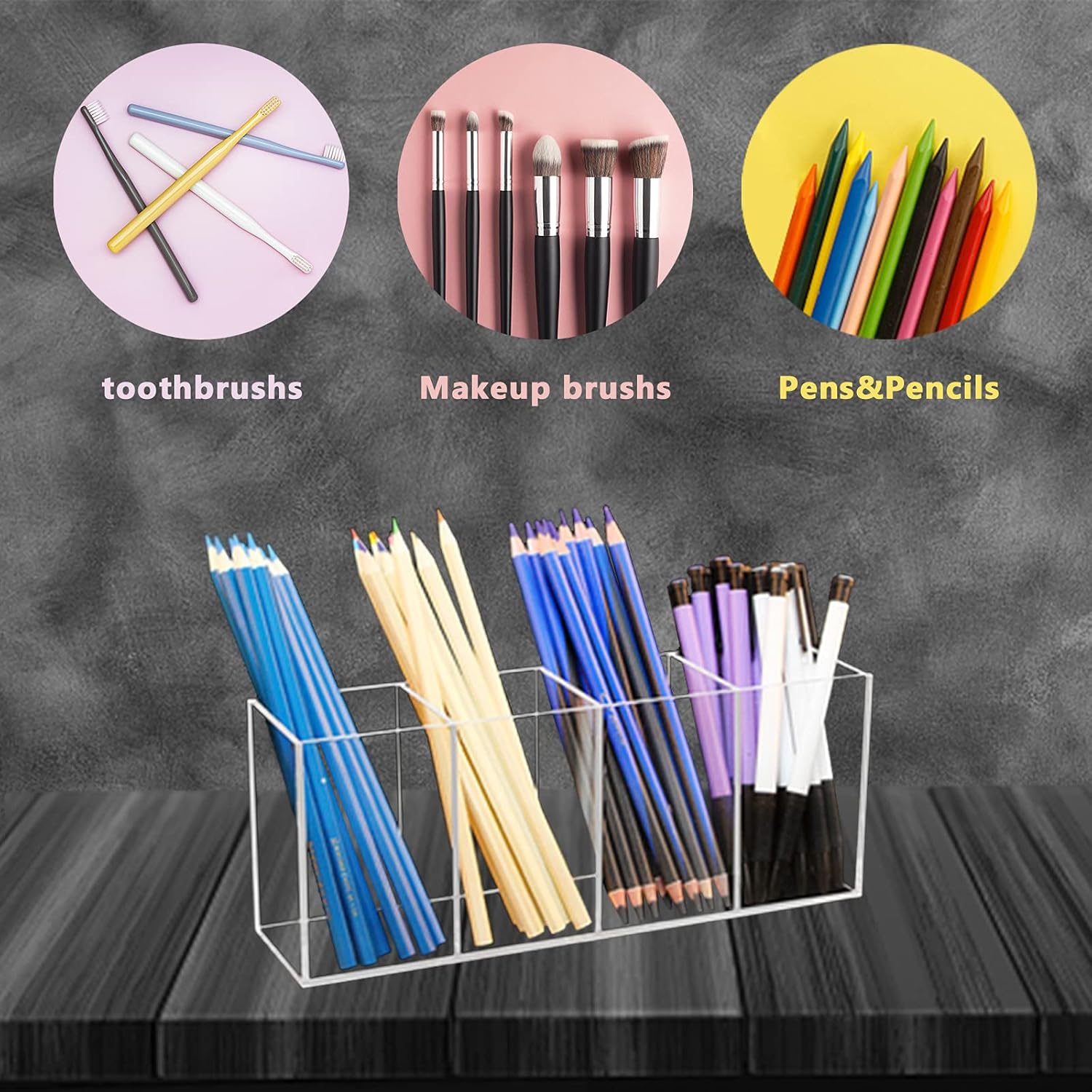 QPEY Acrylic Pen Holder 4 Compartments,Clear Pen Holder Organizer Makeup Brush Holder for Office Desk Accessories,Cosmetic Brush Storage Box,Dorm,Bathroom,Kitchen (Clear) - Image 4