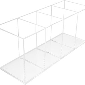 QPEY Acrylic Pen Holder 4 Compartments,Clear Pen Holder Organizer Makeup Brush Holder for Office Desk Accessories,Cosmetic Brush Storage Box,Dorm,Bathroom,Kitchen (Clear)