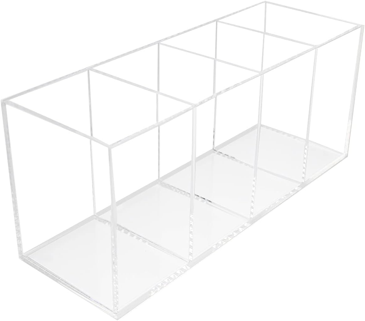 QPEY Acrylic Pen Holder 4 Compartments,Clear Pen Holder Organizer Makeup Brush Holder for Office Desk Accessories,Cosmetic Brush Storage Box,Dorm,Bathroom,Kitchen (Clear)