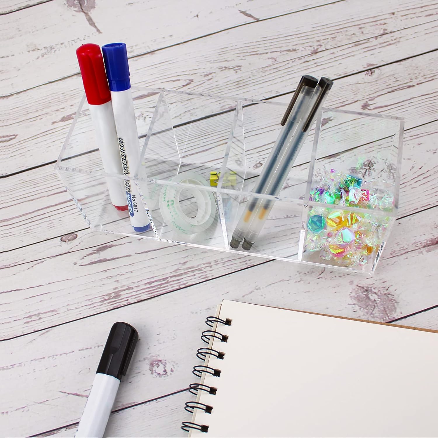 QPEY Acrylic Pen Holder 4 Compartments,Clear Pen Holder Organizer Makeup Brush Holder for Office Desk Accessories,Cosmetic Brush Storage Box,Dorm,Bathroom,Kitchen (Clear) - Image 6