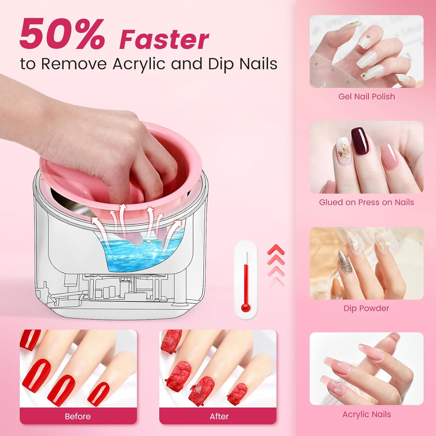 Quaferen Nail Soaking Bowl Heated: 50% Faster Soak Off Gel Polish Dip Powder Remover Bowl- Electric Soak Off Acrylic Nail Remover Manicure Bowls for Salon Home - Image 3