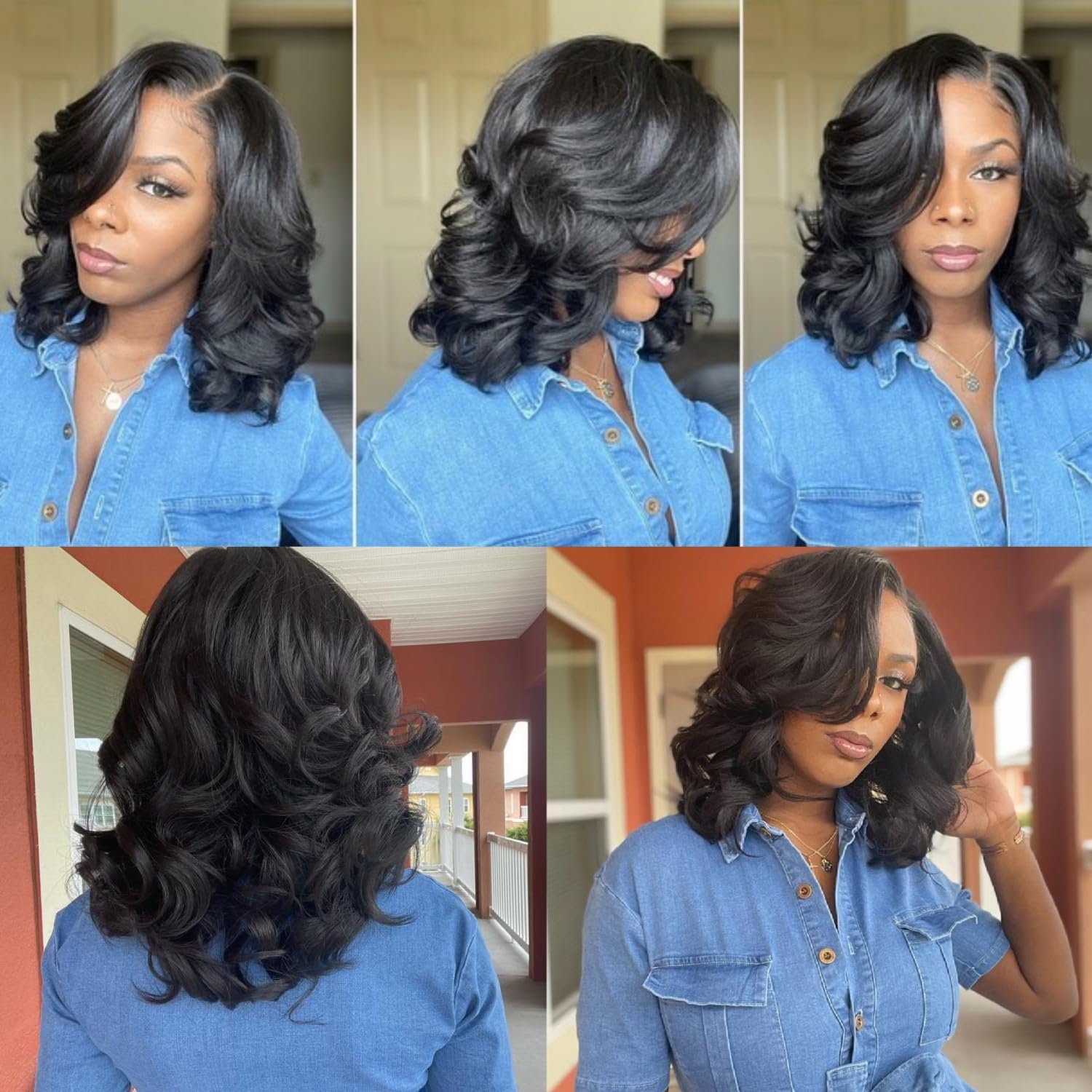 quickwig Short Body Wave Wig Glueless Short Wavy Bob Wigs Side Part Loose Wave Wigs for Women Shoulder Length Curly Synthetic Wig Lace Part Hair (Natural Black) - Image 6