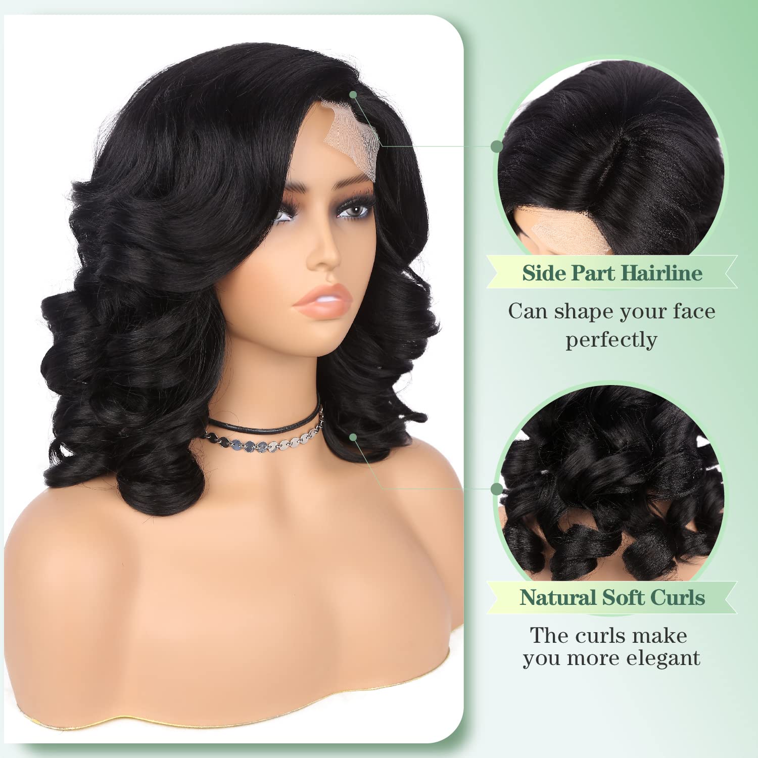 quickwig Short Body Wave Wig Glueless Short Wavy Bob Wigs Side Part Loose Wave Wigs for Women Shoulder Length Curly Synthetic Wig Lace Part Hair (Natural Black) - Image 3