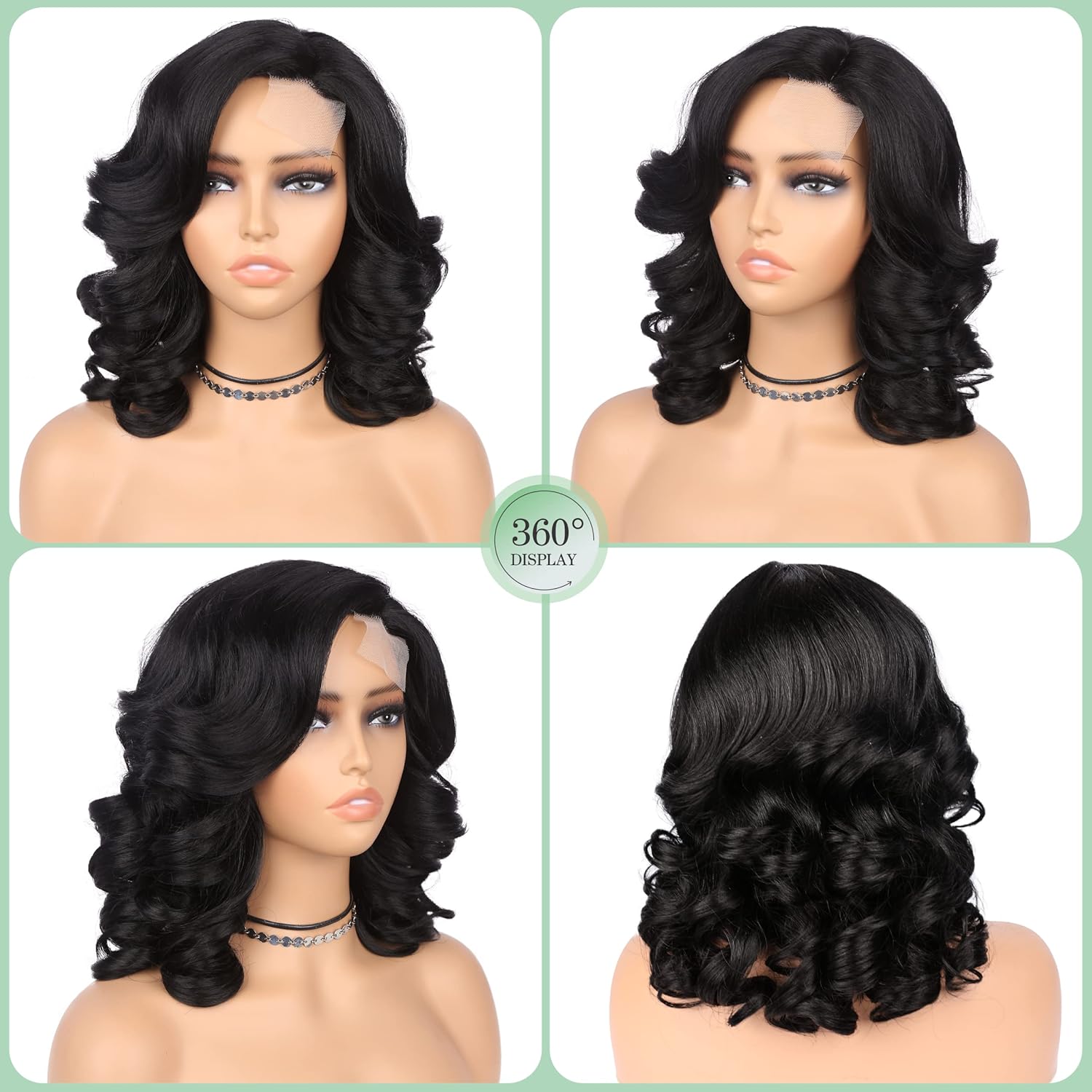 quickwig Short Body Wave Wig Glueless Short Wavy Bob Wigs Side Part Loose Wave Wigs for Women Shoulder Length Curly Synthetic Wig Lace Part Hair (Natural Black) - Image 2