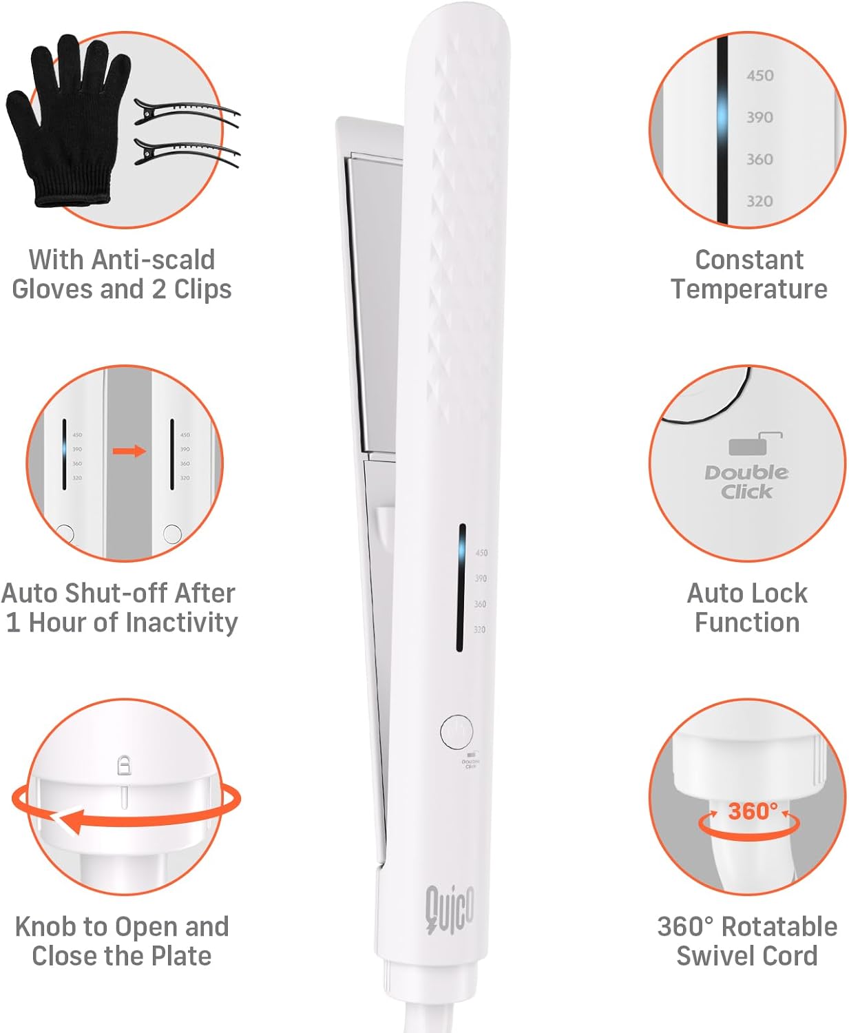 Quico Hair Straightener, 110-240V Global Travel Hair Straighteners for Women, 15s Fast Heating, Professional Negative Ion Flat Iron, Temp Memory, 320℉-450℉, Auto-Off, with Glove and Clips, Gift, White - Image 6