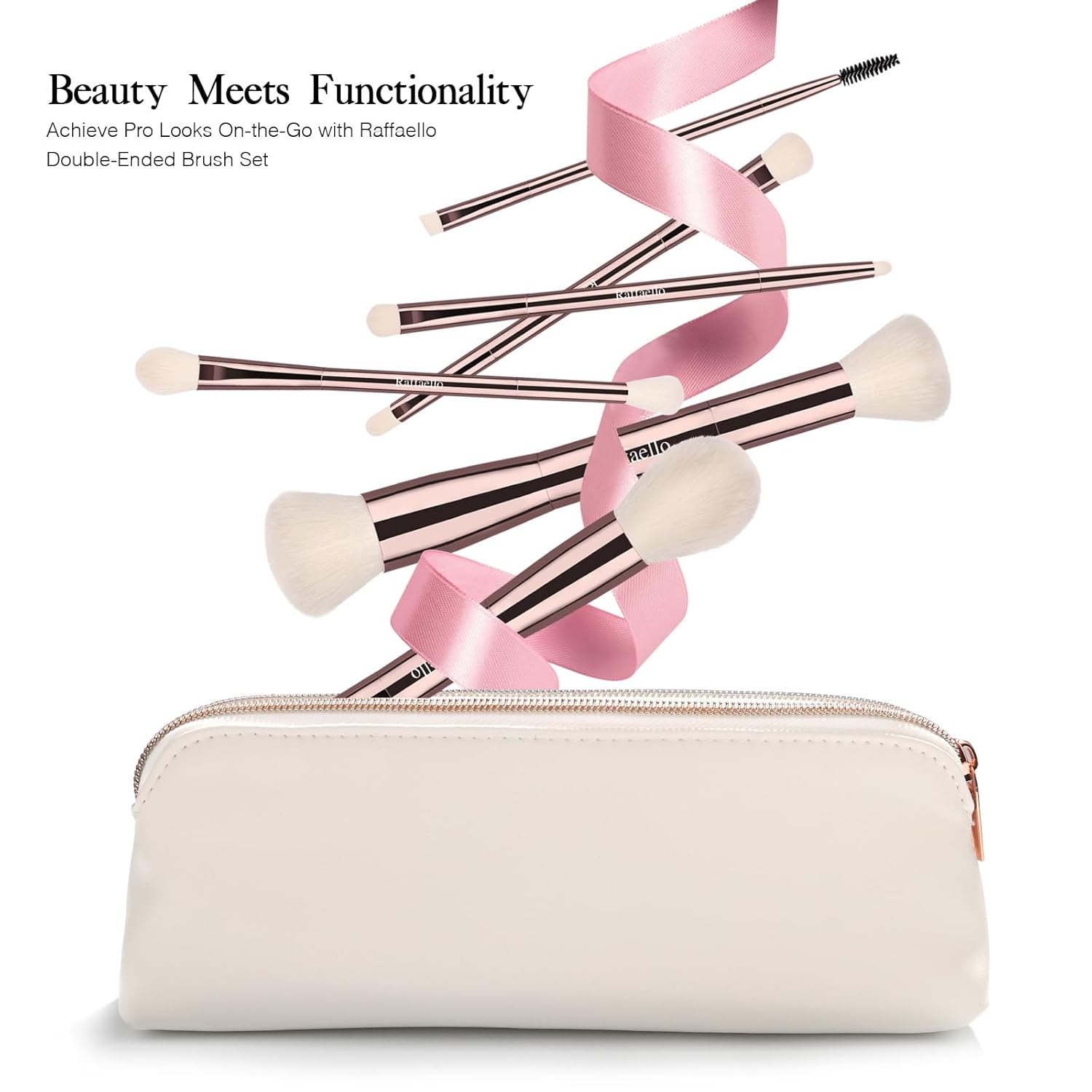 Raffaello 6-in-12 Dual-Ended Makeup Brushes Set, Sustainable Rose Gold Brushes with Recycled Materials, Includes White Faux Leather Pouch, Professional Face & Eye Makeup Kit for Travel and Daily Use - Image 5