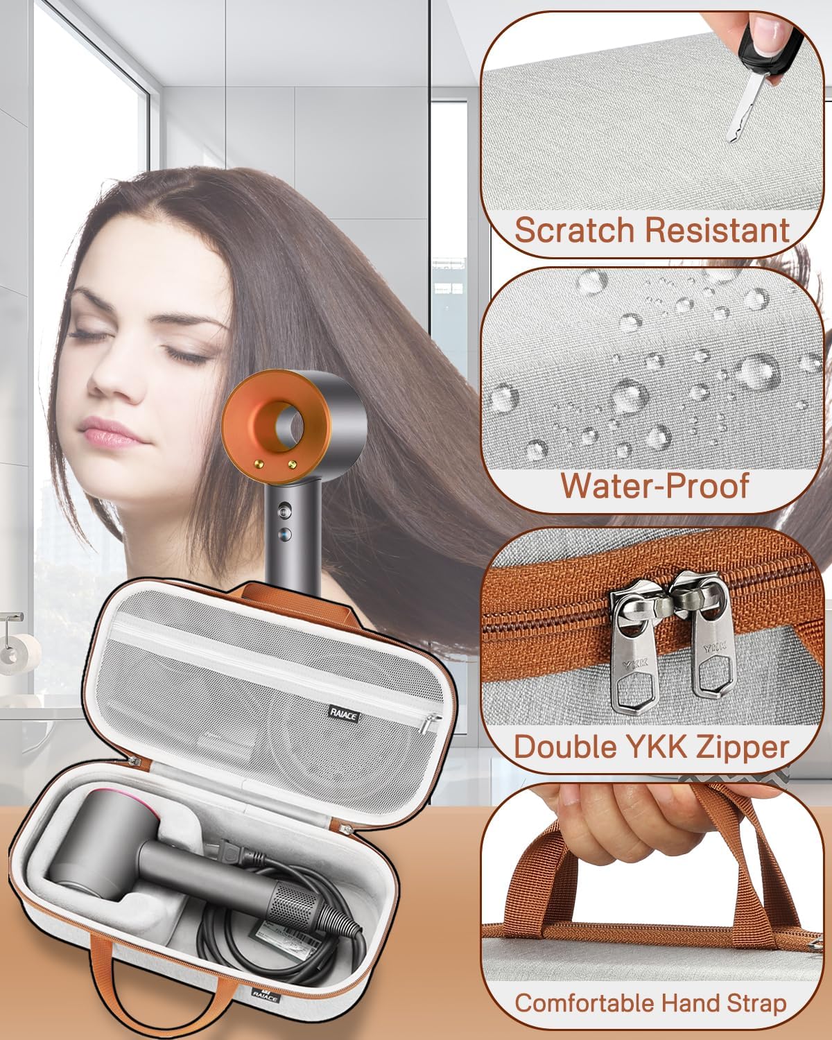 RAIACE Hard Storage Case Compatible with Dyson Hair Dryer, Travel Carrying Bag. (for Sale is case only). - Gray(Gray Lining) - Image 4