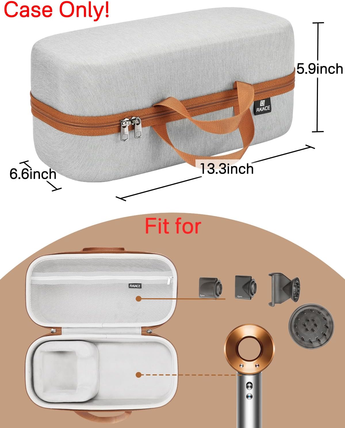 RAIACE Hard Storage Case Compatible with Dyson Hair Dryer, Travel Carrying Bag. (for Sale is case only). - Gray(Gray Lining) - Image 3