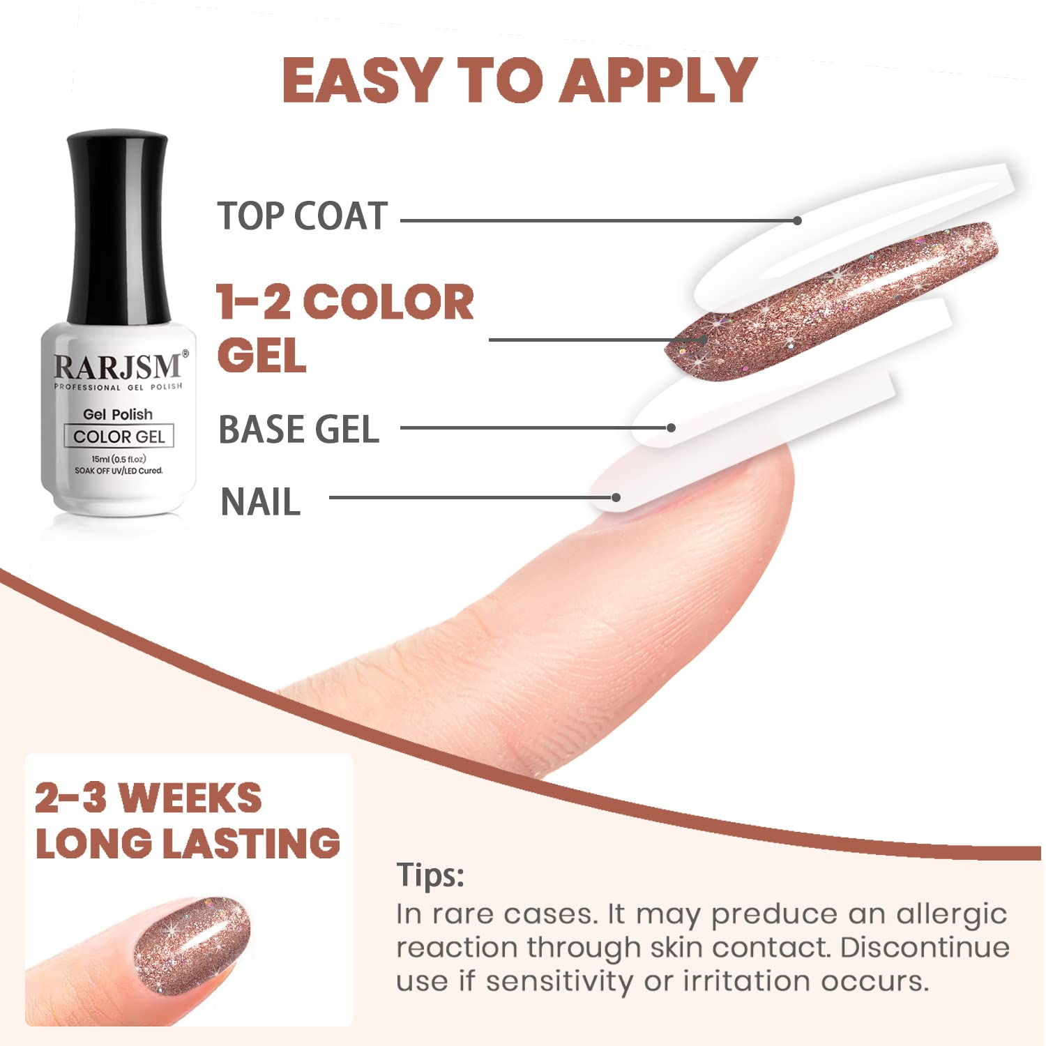 RARJSM Glitter Gel Nail Polish Rose Gold Sparkly Iridescent Rainbow Shimmer Metallic Pink Holographic Nail Gelpolish Soak off L e d U V Curing Required High Pigments for Home Manicure Nail Art 15ml - Image 6