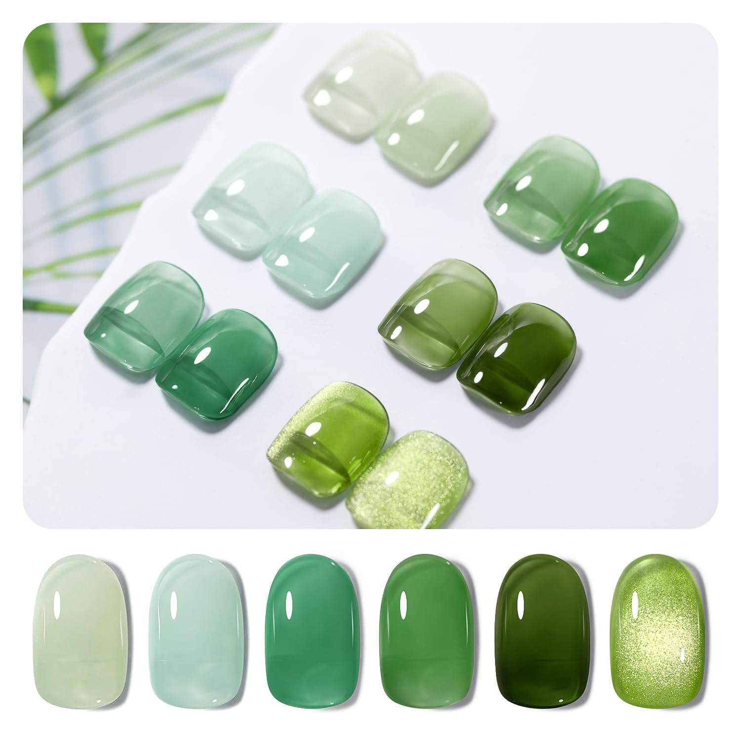 RARJSM Green Jelly Glass Gel Nail Polish Set 6pcs Clear Crytal Army Dark Jade Sage Green Transparent Sheer Amber Series Milky Diamond Cat Eye Gel Varnish LED UV Curing Requires - Image 2