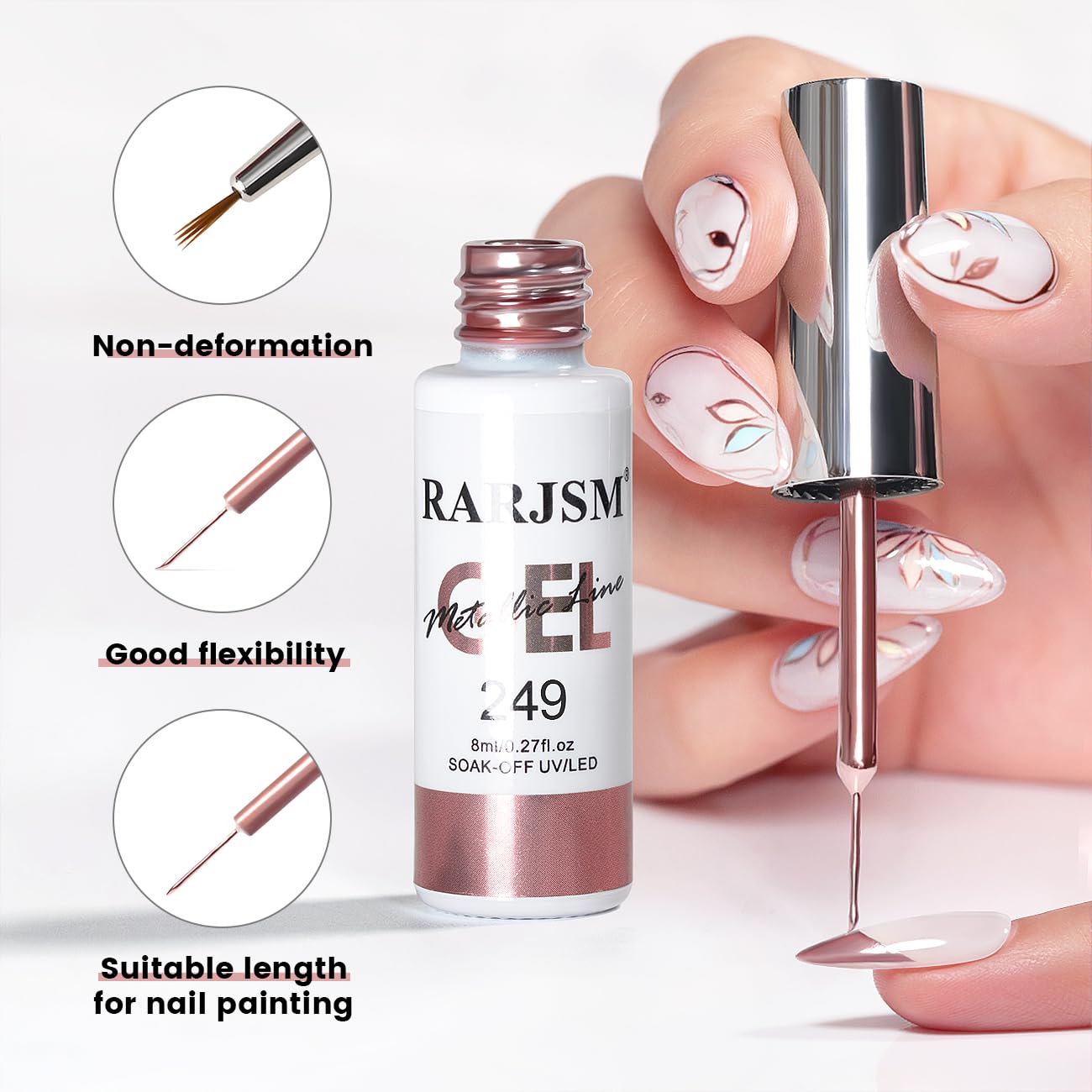RARJSM Metallic Gel Liner Nail Art Rose Gold 3D Mirror Chrome Effect Gel Nail Polish 8ml Painting Build in Thin Brush Metal Painted Drawing Striper Gelpolish Soak off Curing Requires for Home Salon - Image 5