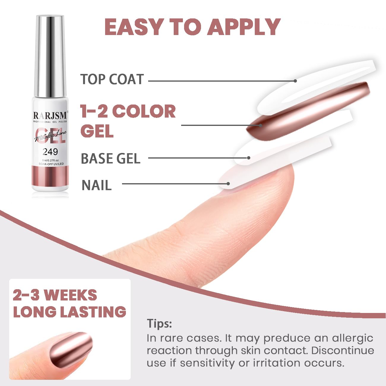 RARJSM Metallic Gel Liner Nail Art Rose Gold 3D Mirror Chrome Effect Gel Nail Polish 8ml Painting Build in Thin Brush Metal Painted Drawing Striper Gelpolish Soak off Curing Requires for Home Salon - Image 6