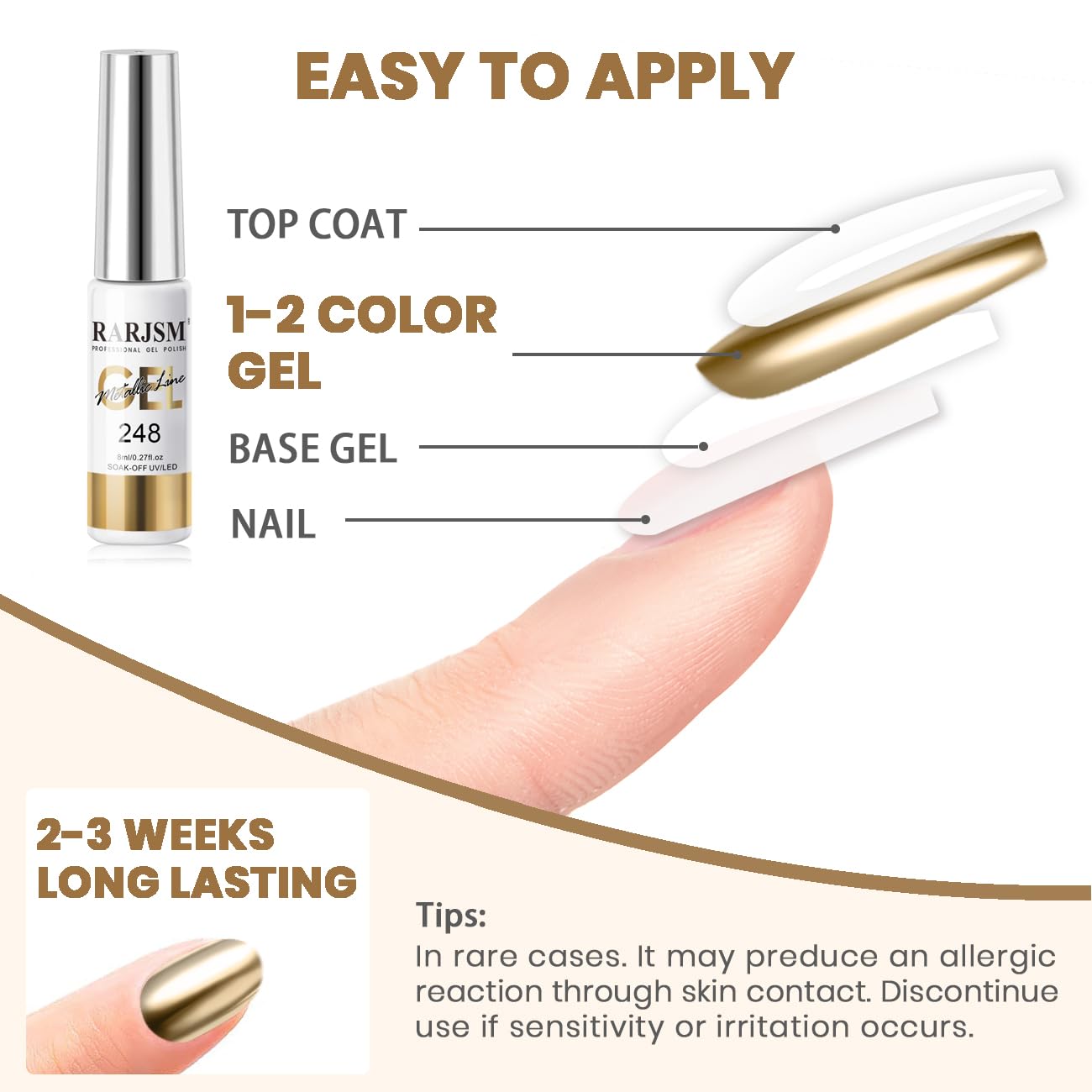 RARJSM Metallic Nail Art Gel Liner Bronze Gold Mirror Chrome 3D Effect Gel Nail Polish 8ml Build in Thin Brush Metal Painted Drawing Striper Painting Gelpolish Soak off Curing Requires for Home Salon - Image 7