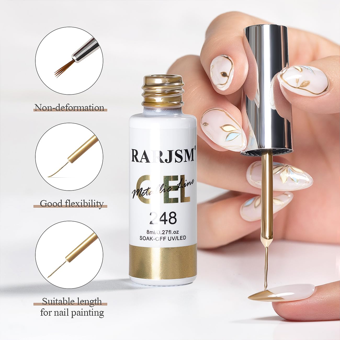 RARJSM Metallic Nail Art Gel Liner Bronze Gold Mirror Chrome 3D Effect Gel Nail Polish 8ml Build in Thin Brush Metal Painted Drawing Striper Painting Gelpolish Soak off Curing Requires for Home Salon - Image 5