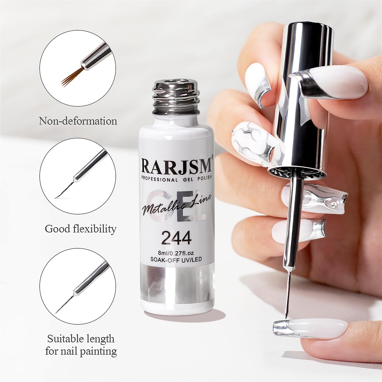 RARJSM Metallic Silver Gel Liner Nail Art 3D Mirror Chrome Effect Gel Nail Polish 8ml Build in Thin Brush Metal Painted Drawing Striper Gel Polish Soak off Curing Requires for Home Salon Diy Painting - Image 6