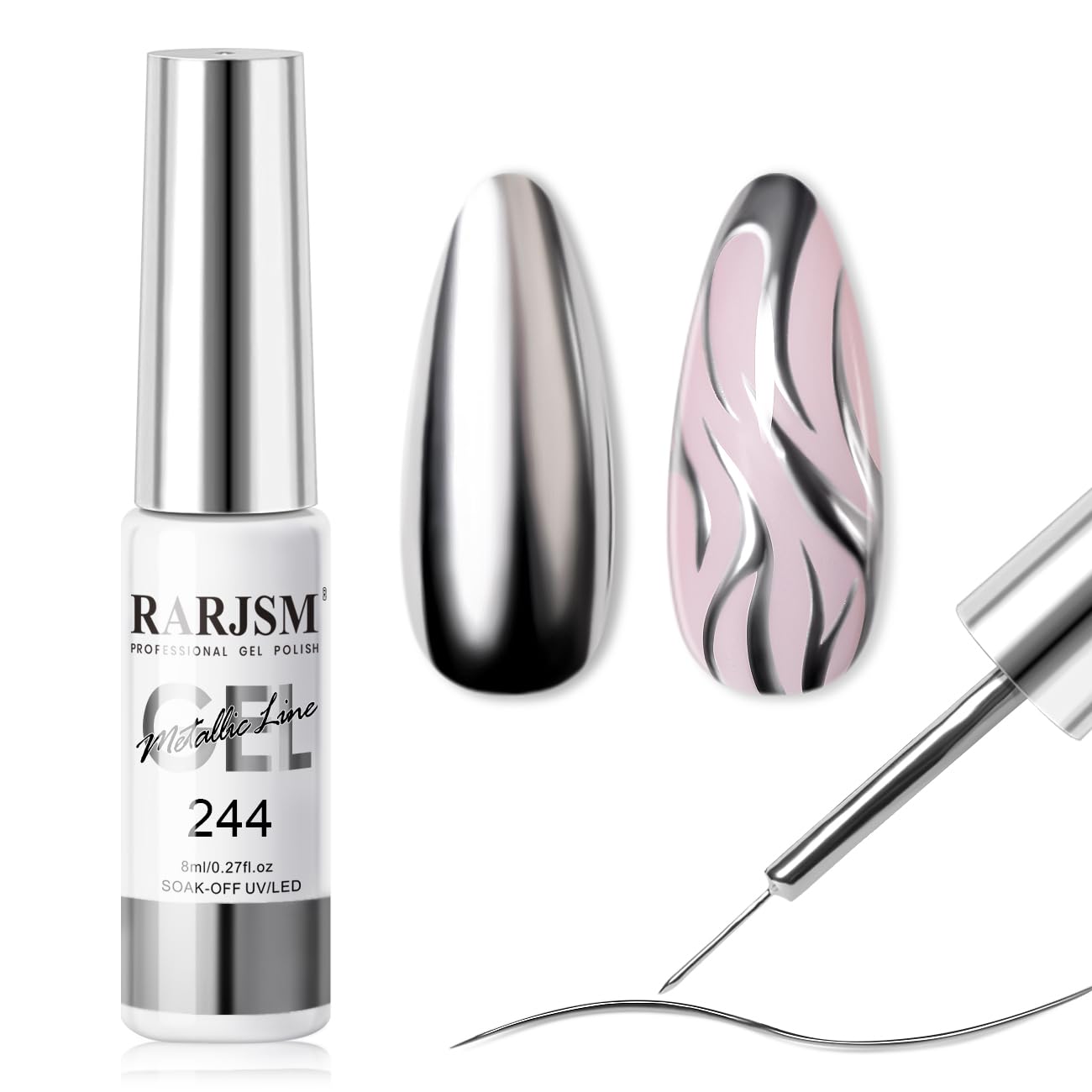 RARJSM Metallic Silver Gel Liner Nail Art 3D Mirror Chrome Effect Gel Nail Polish 8ml Build in Thin Brush Metal Painted Drawing Striper Gel Polish Soak off Curing Requires for Home Salon Diy Painting - Image 10