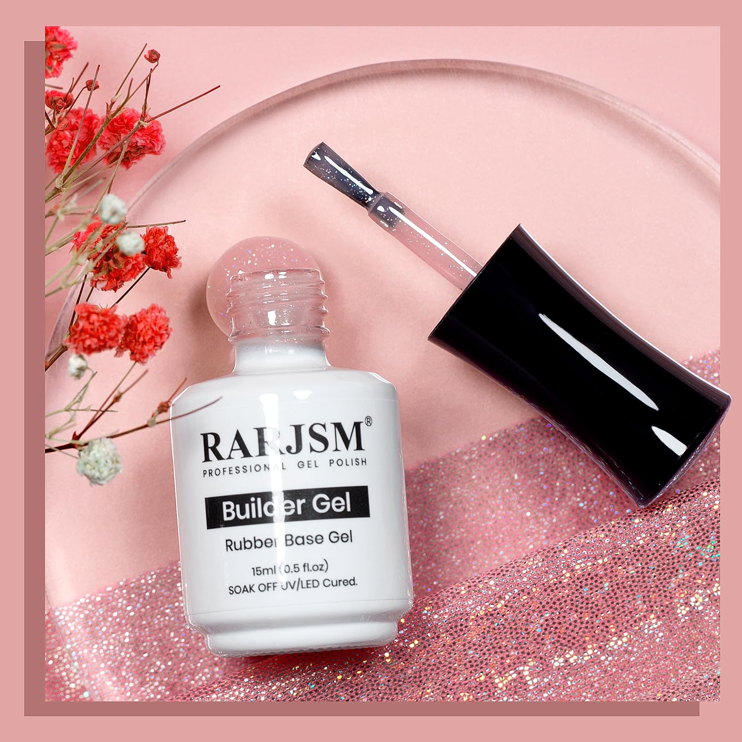 RARJSM Nude Rubber Base Gel Nail Polish Rainbow Glitter Sheer Light Pink Rubber Base for Nails Iridescent Brush on Quick Extend Builder Hard Gel Soak Off Curing Requires 15ml French Manicure - Image 5