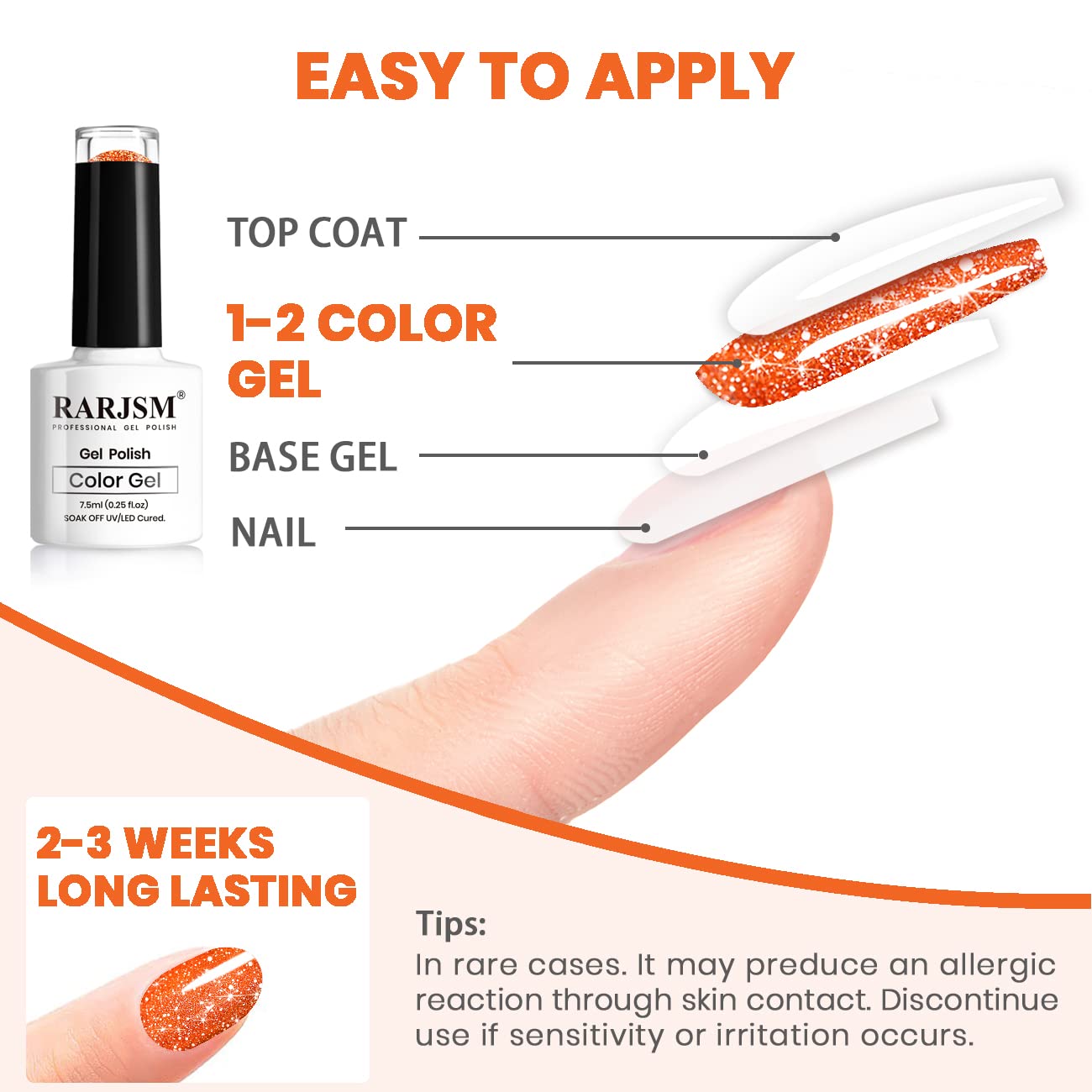 RARJSM Orange Gel Nail Polish, 1Pcs 7.5ml Orange Color Reflective Gel Polish Soak Off Gel Polish Neons Spring Summer Color Diamond Shimmer Gel Nail Art Manicure Salon DIY at Home - Image 7