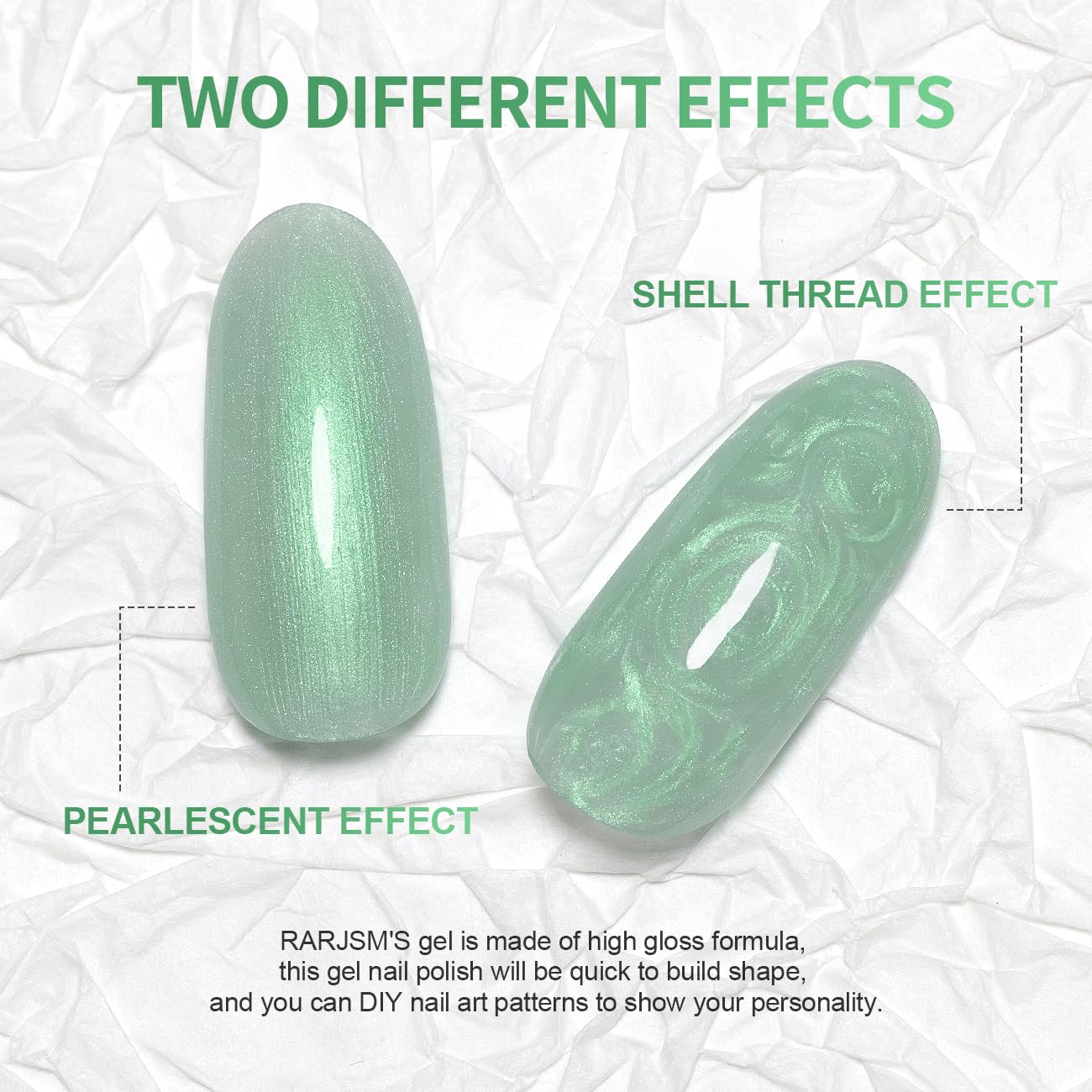 RARJSM Pearl Gel Nail Polish,15ML Light Green Pearlescent Gel Polish,Glitter Shell Gel Polish Green Shimmer Mermaid Nail Gel Polish Soak Off LED UV Drawing Swirl Thread Effect for DIY Manicure Use - Image 4