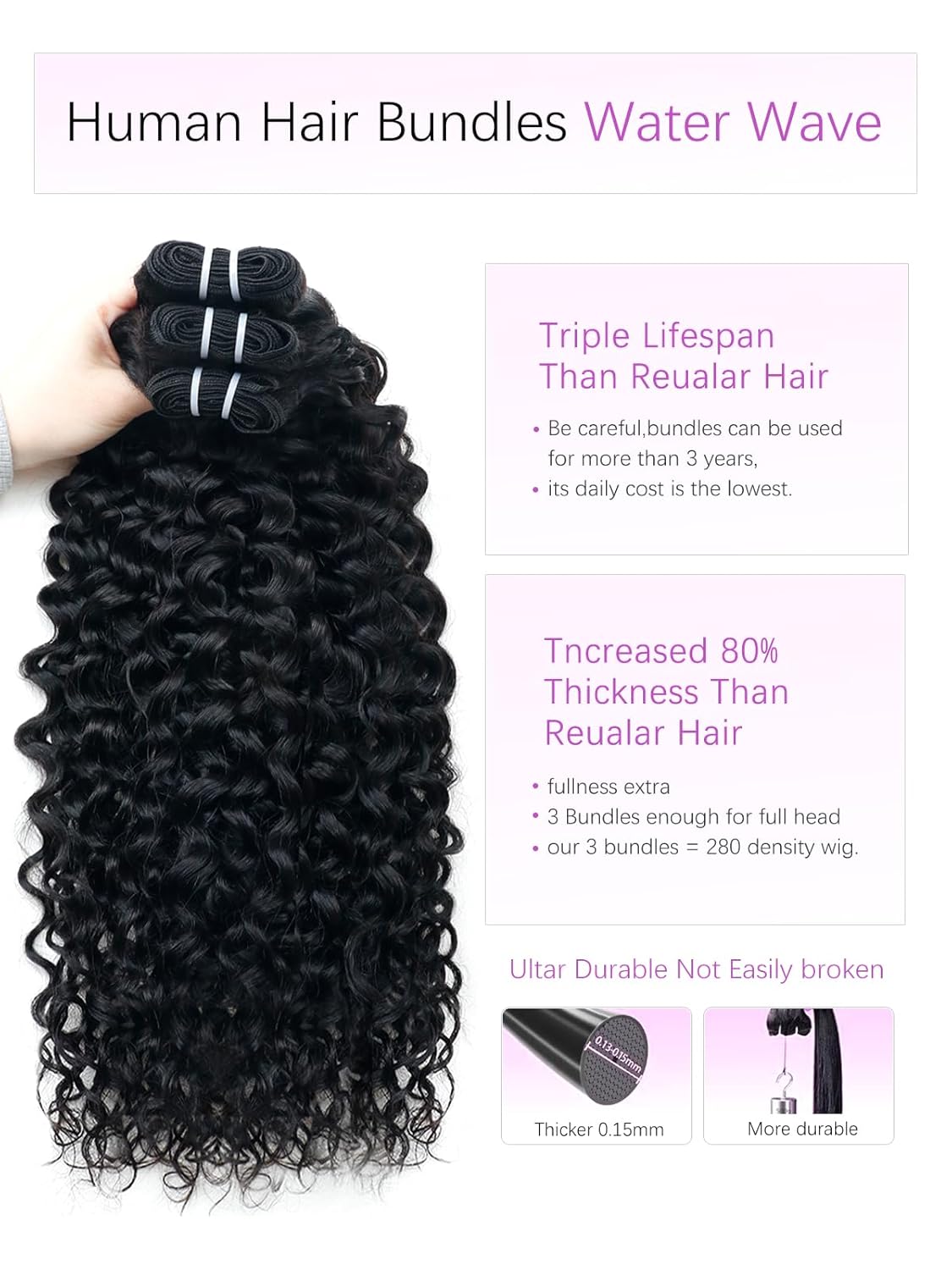 Raw Curly Human Hair Bundles 16 Inch 15A Double Weft Water Wave Burmese Curly Bundles Human Hair 100% Unprocessed Brazilian Virgin Hair 3 Deals Human Hair Extensions Natural Black - Image 3